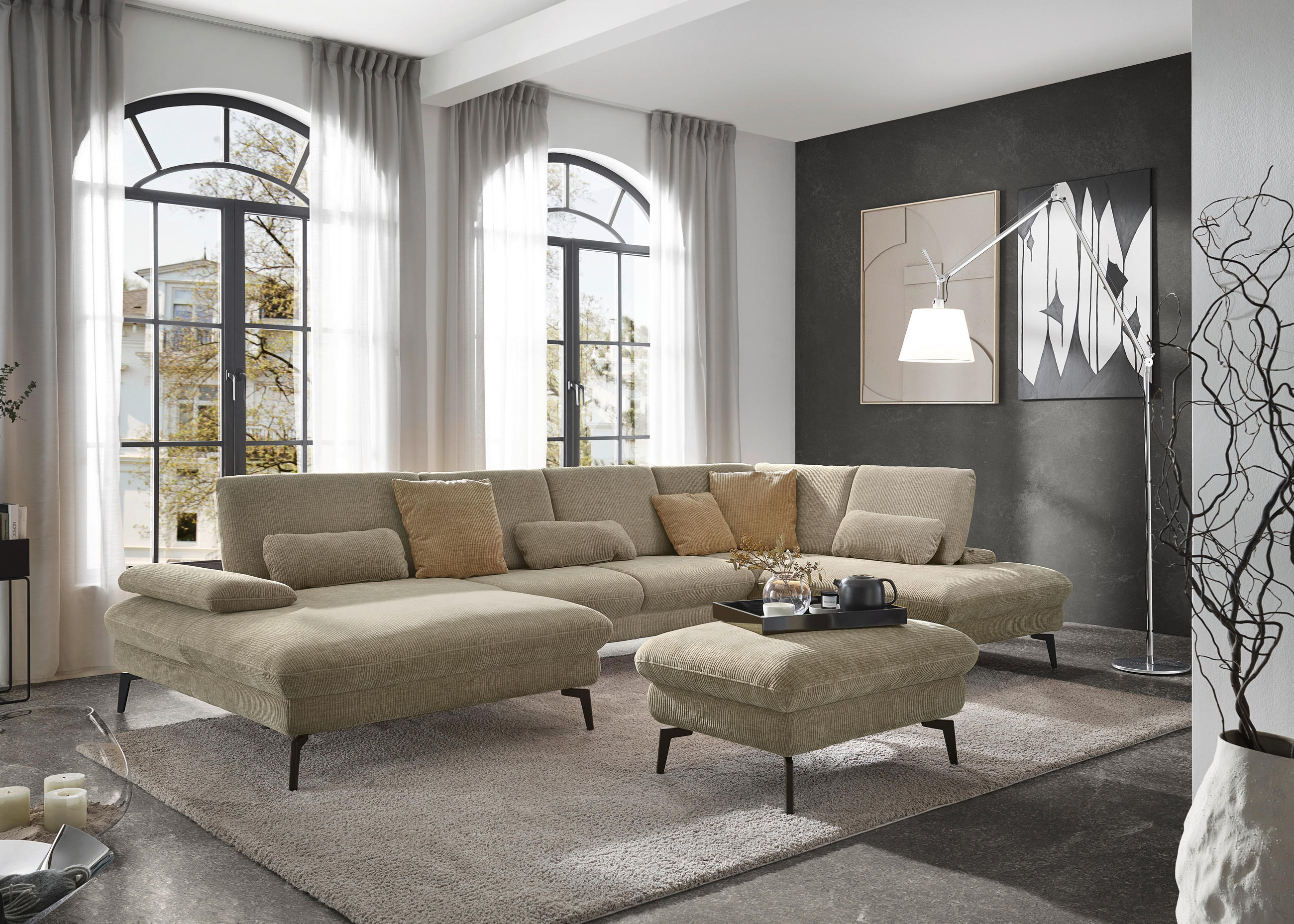 WOHNLANDSCHAFT in Webstoff Beige  - Beige/Schwarz, Design, Textil/Metall (157/354/208cm) - Dieter Knoll