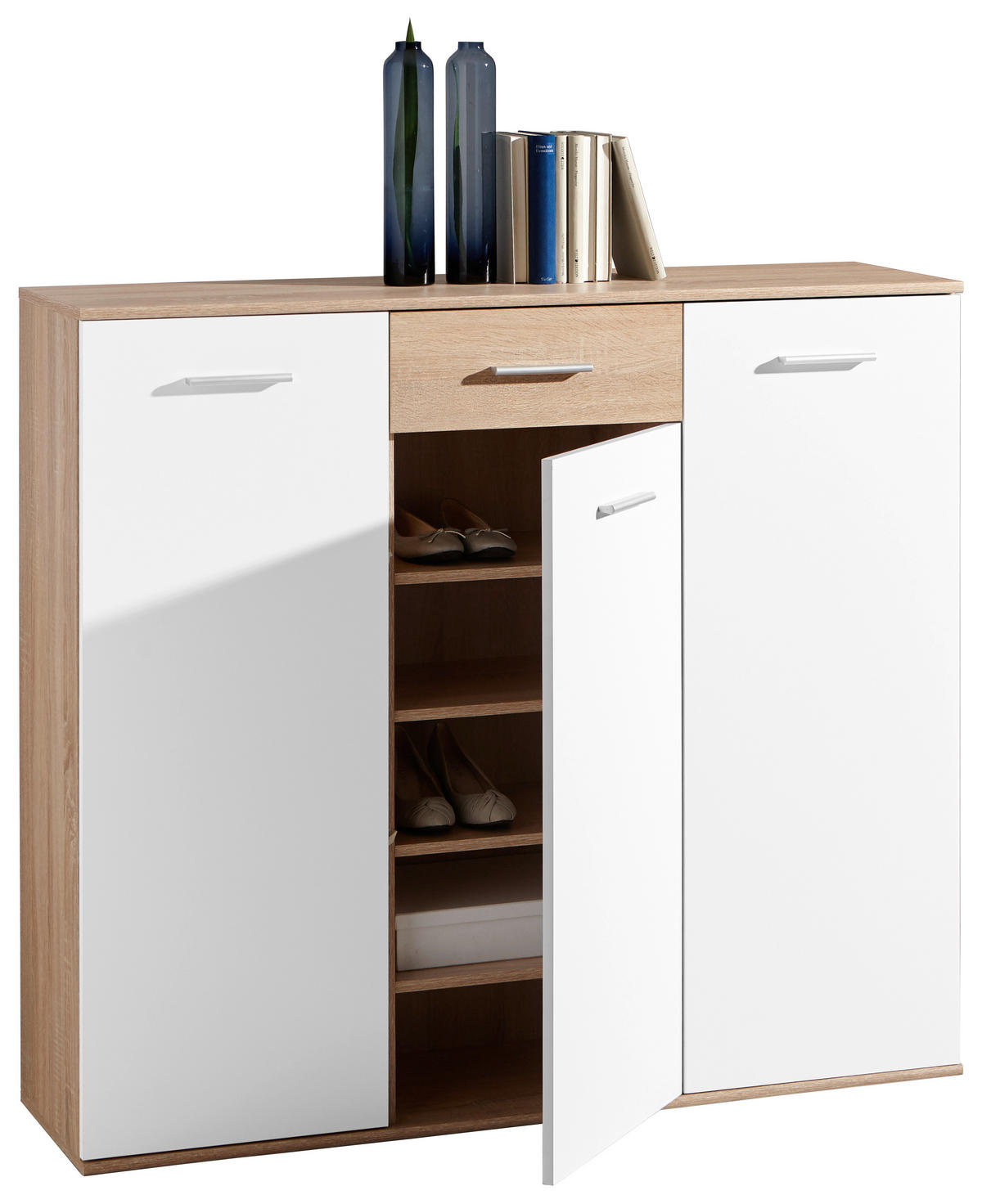 SCHUHSCHRANK Weiß, Sonoma Eiche  - Silberfarben/Weiß, Design, Holzwerkstoff/Kunststoff (136/118/36cm) - Carryhome