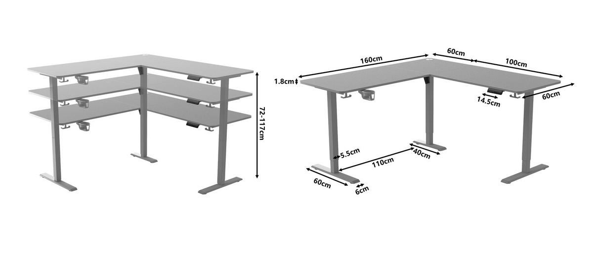 ECKSCHREIBTISCH 160/160/72-117 cm Weiß höhenverstellbar  - Weiß, KONVENTIONELL, Holzwerkstoff/Kunststoff (160/160/72-117cm) - Carryhome