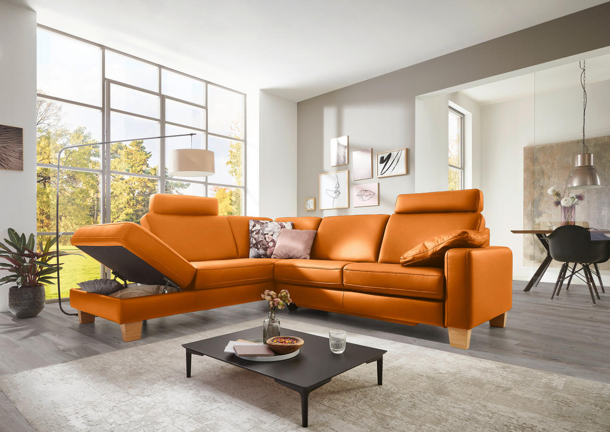 ECKSOFA in Echtleder Orange  235/257 cm  - Eiche Bianco/Orange, KONVENTIONELL, Leder/Holz (235/257cm) - Valdera