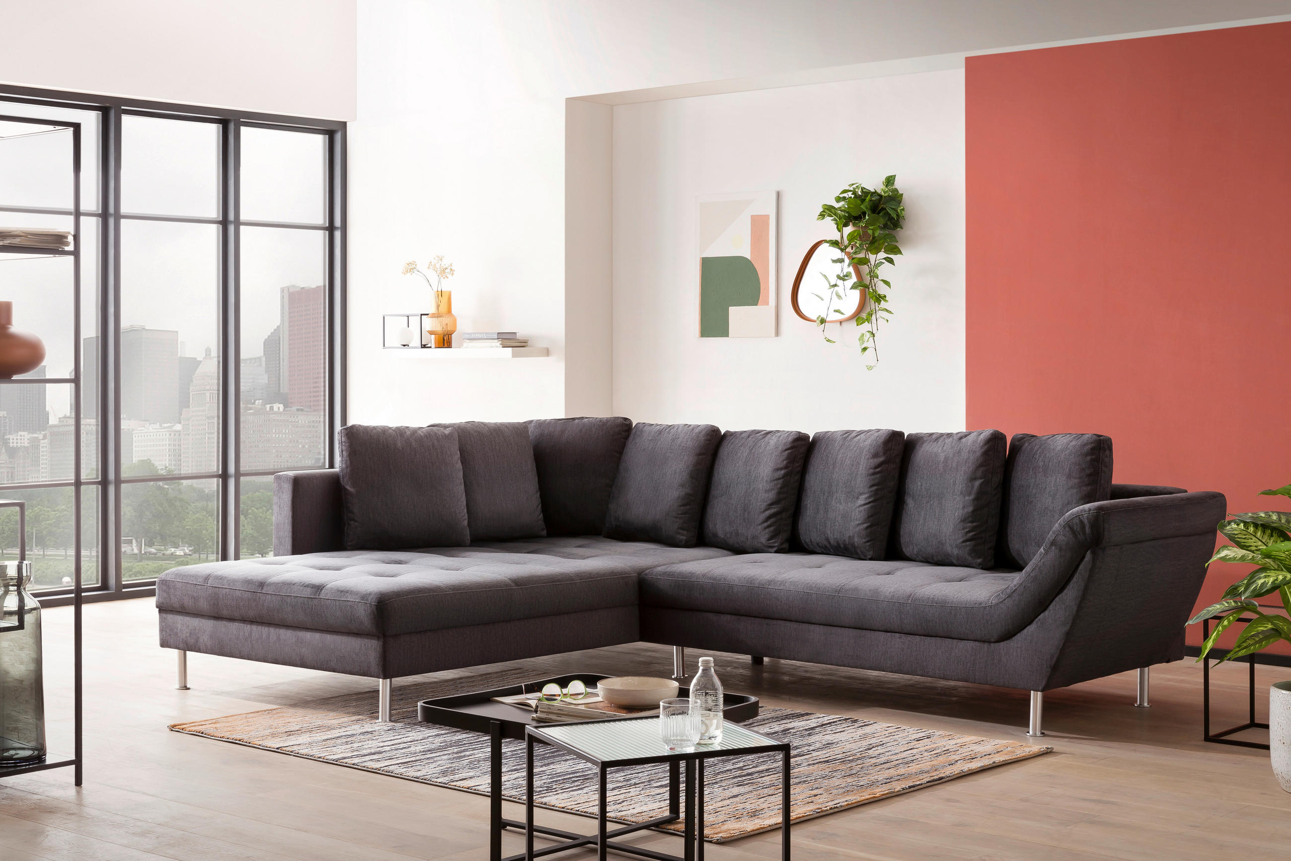 ECKSOFA in Velours Dunkelgrau  - Chromfarben/Dunkelgrau, Design, Kunststoff/Textil (224/326cm) - Stylife