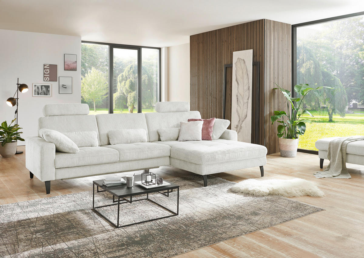 ECKSOFA in Cord Ecru  - Ecru/Schwarz, Modern, Textil/Metall (302/177cm) - Beldomo Style