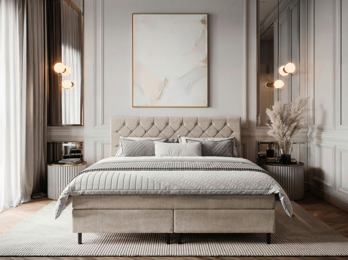 BOXSPRINGBETT 200/200 cm,  in Beige, Matratze, Topper, H2 + H2 = mittel  - Beige/Schwarz, KONVENTIONELL, Textil/Metall (200/200cm) - Chameo