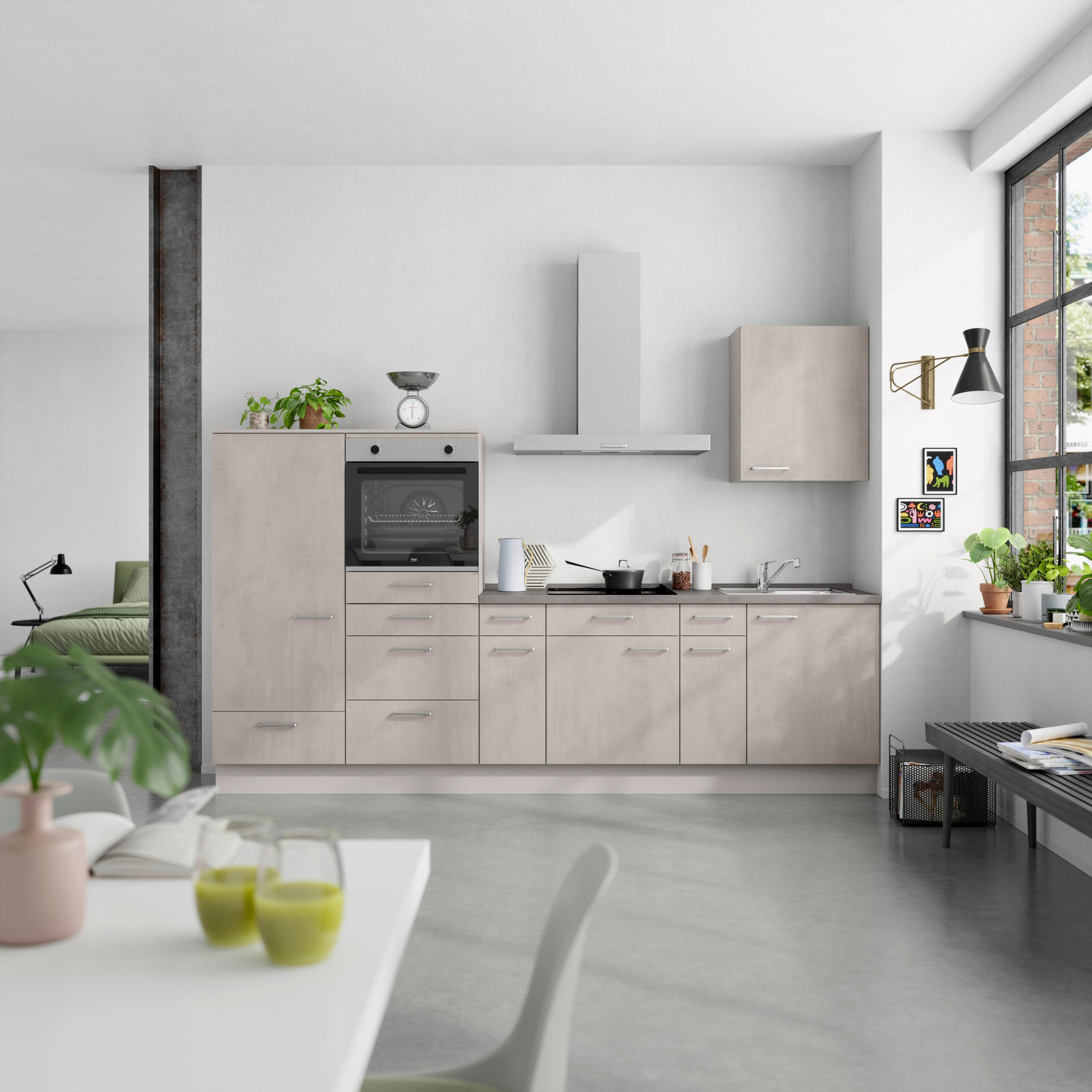 KÜCHENBLOCK Riva 300 cm  in Grau, Schieferfarben  - Schieferfarben/Edelstahlfarben, MODERN, Holzwerkstoff/Metall (300cm) - Nobilia