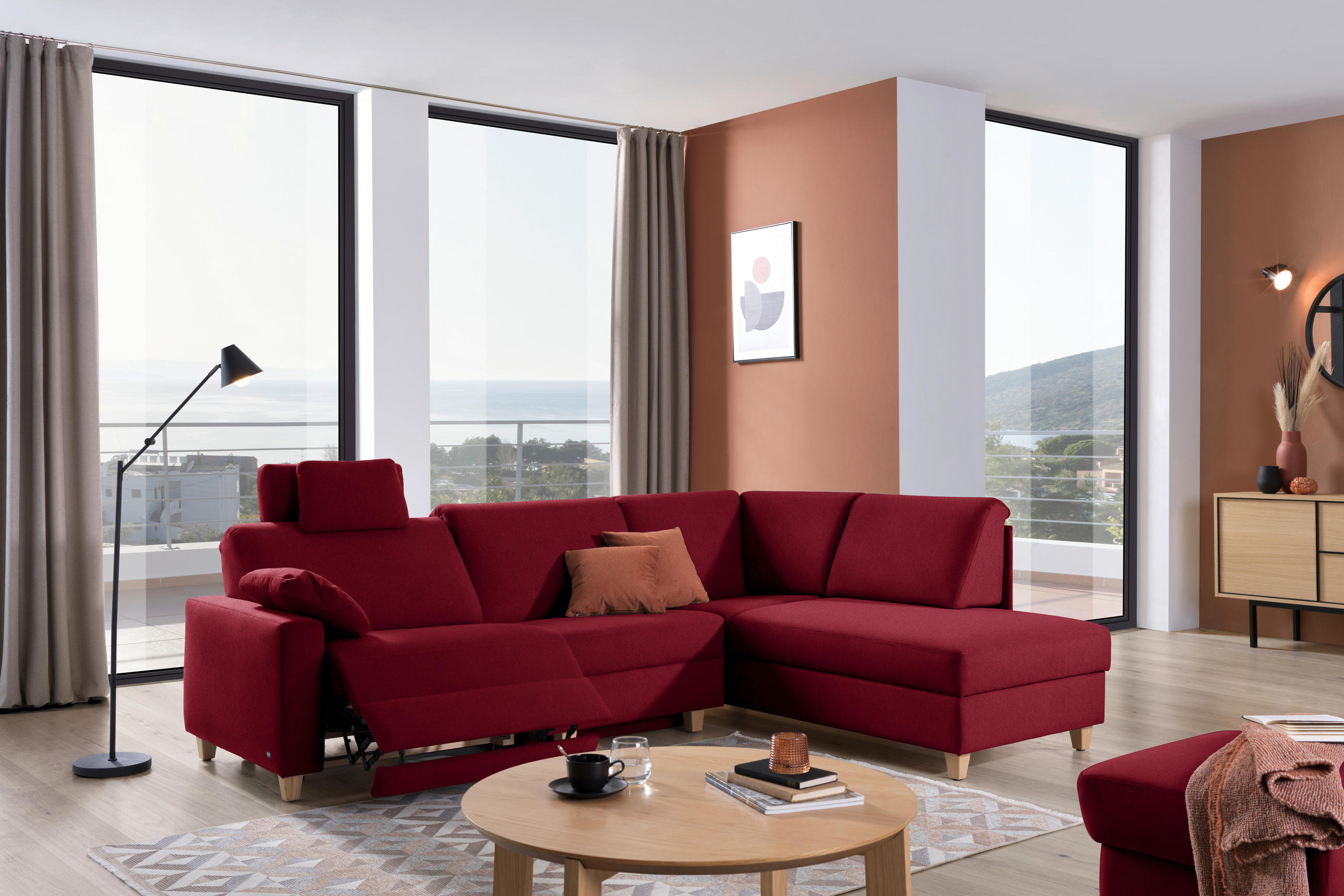 ECKSOFA in Flachgewebe Rot  261/203 cm  - Eichefarben/Rot, KONVENTIONELL, Holz/Textil (261/203cm) - Sedda