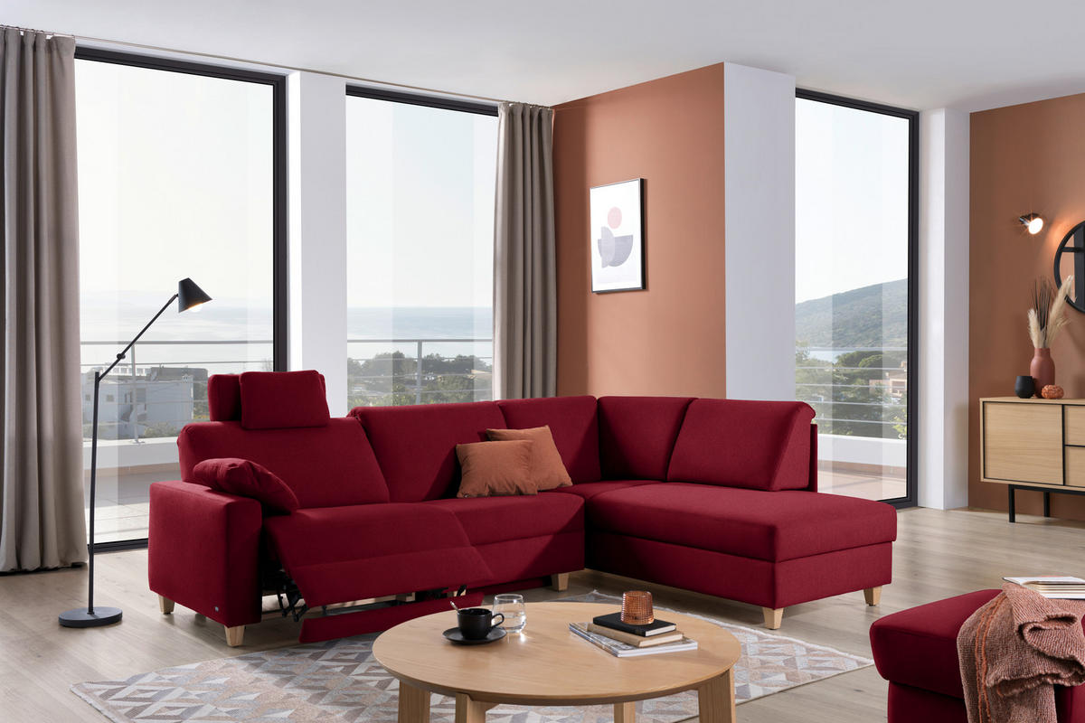 ECKSOFA in Flachgewebe Rot  261/203 cm  - Eichefarben/Rot, KONVENTIONELL, Holz/Textil (261/203cm) - Sedda