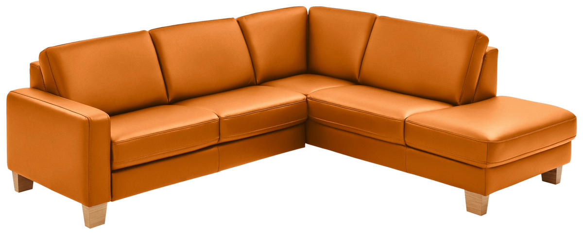 ECKSOFA in Echtleder Orange  - Eiche Bianco/Orange, Konventionell, Leder/Holz (257/235cm) - Valdera