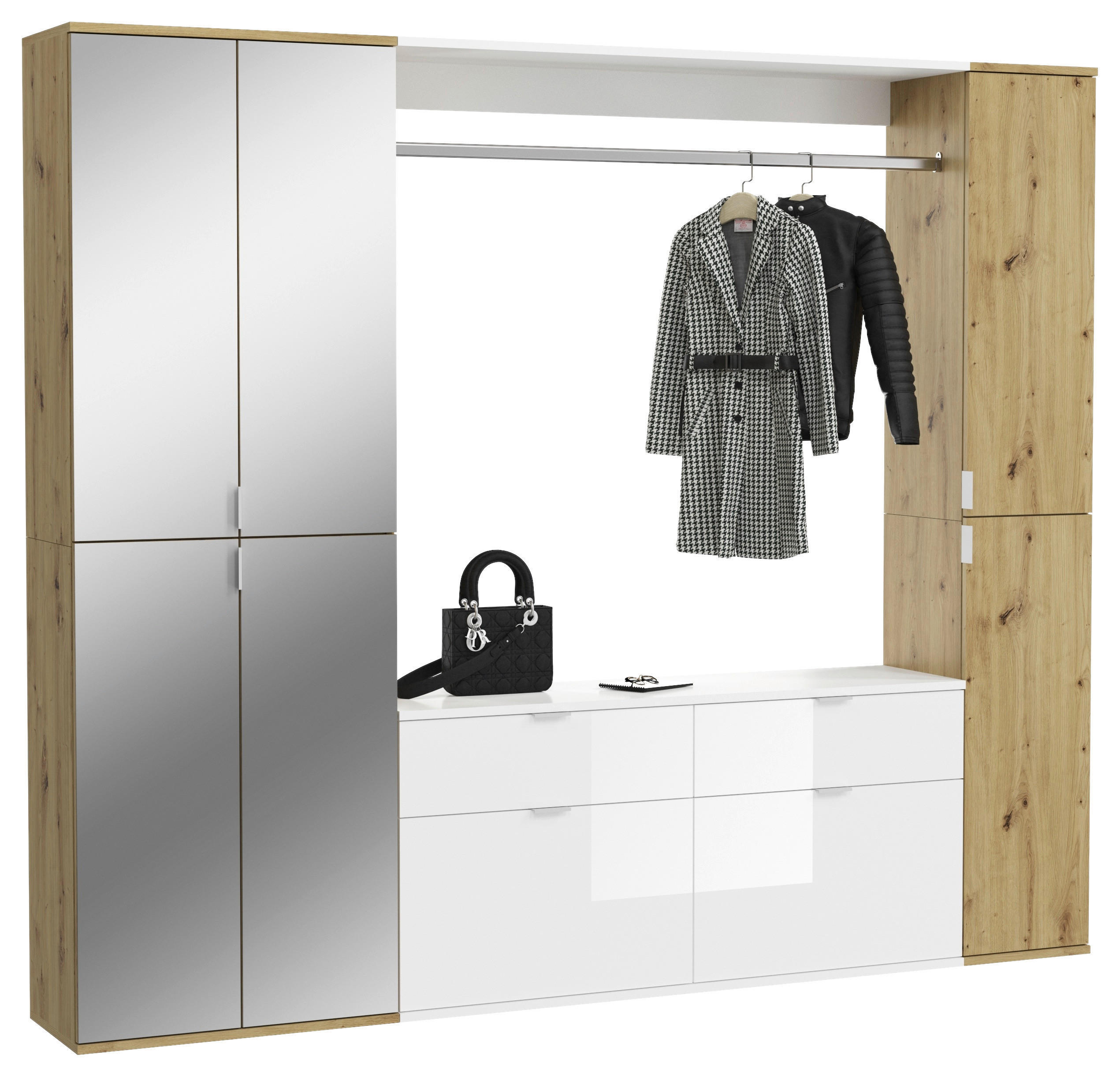 GARDEROBE 3-teilig  in 212/193/34 cm  - Weiß Hochglanz, KONVENTIONELL, Glas/Holzwerkstoff (212/193/34cm) - MID.YOU