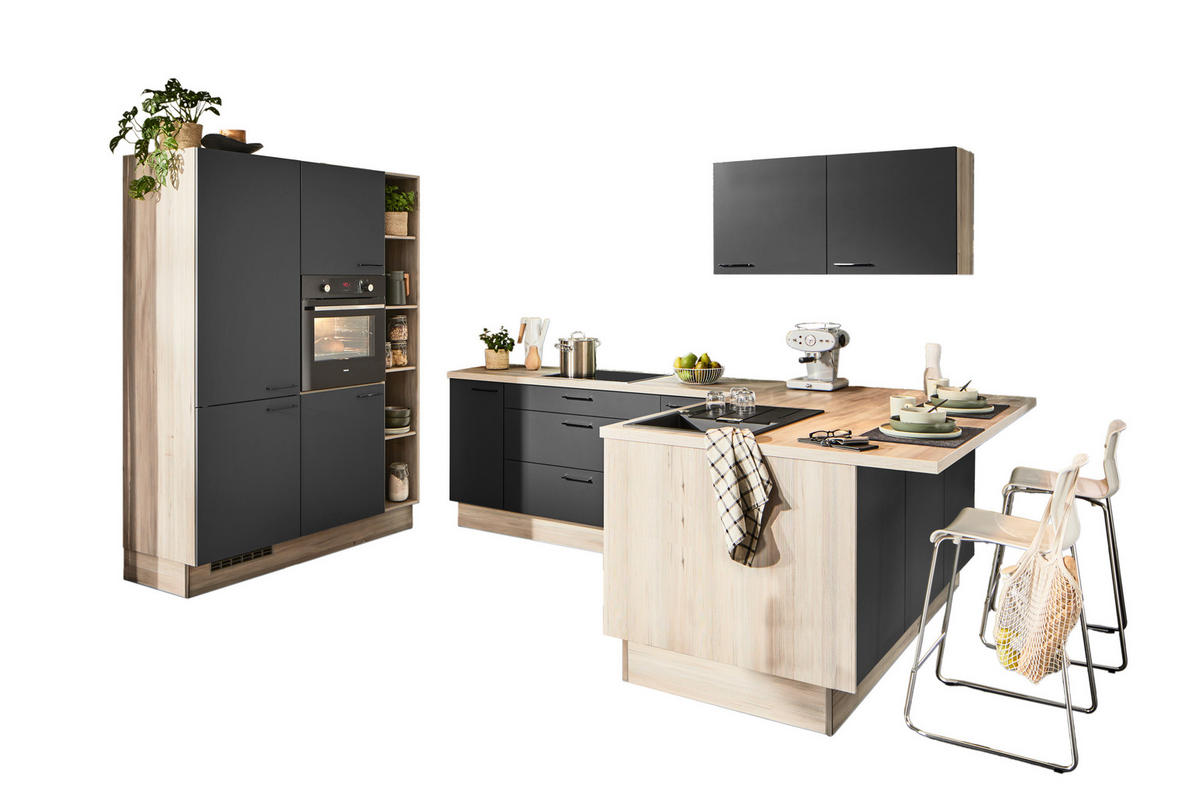 ECKKÜCHE  in Graphitfarben, Hellbraun  - Hellbraun/Schwarz, Design, Holzwerkstoff/Metall (150/280/192cm) - Xora