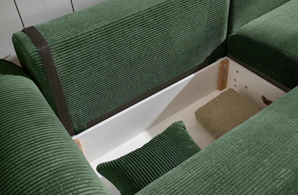 ECKSOFA in Cord Dunkelgrün  - Dunkelgrün/Schwarz, Konventionell, Kunststoff/Textil (255/185cm) - MID.YOU
