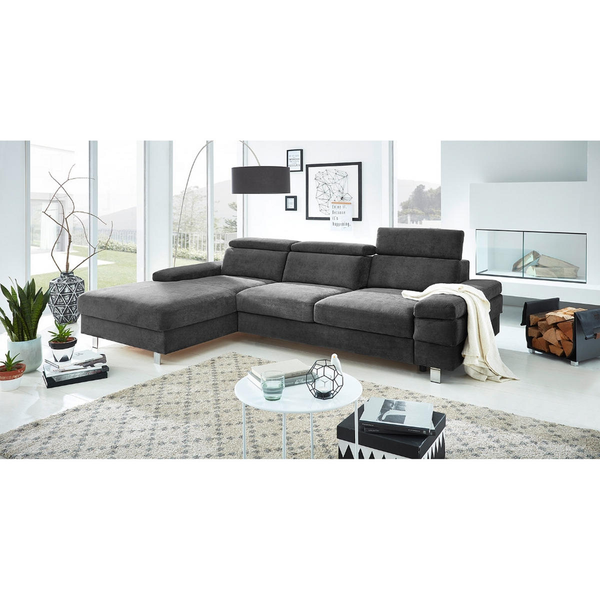 ECKSOFA in Webstoff Anthrazit  - Anthrazit/Silberfarben, Konventionell, Textil/Metall (260/82/182cm) - Trendmanufaktur