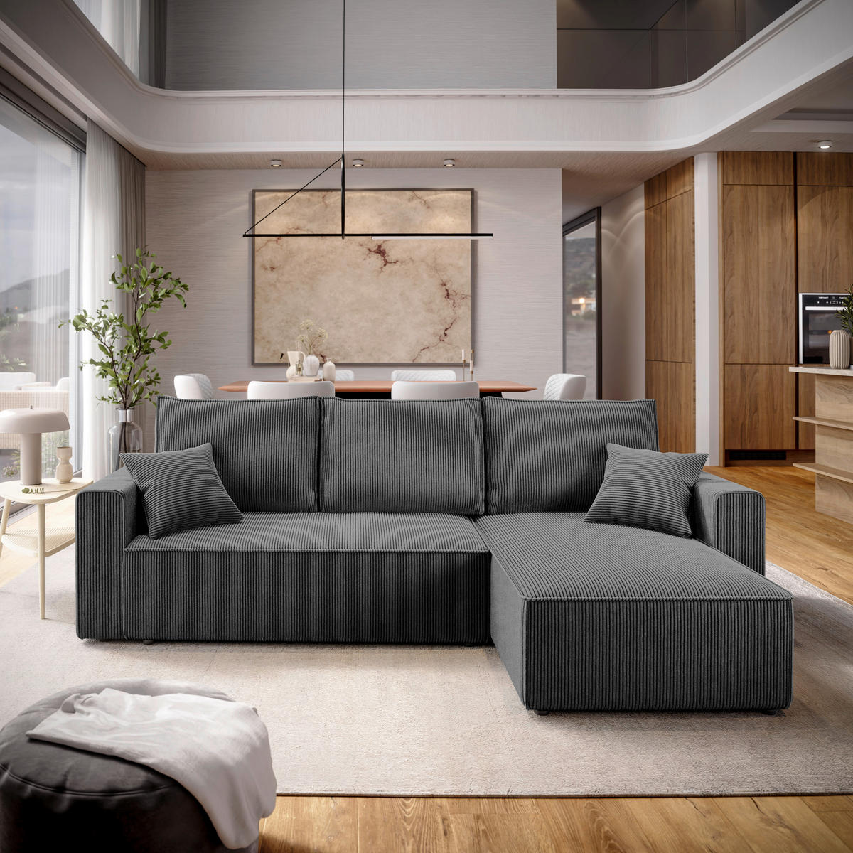 ECKSOFA Dunkelgrau Cord  - Dunkelgrau/Schwarz, KONVENTIONELL, Kunststoff/Textil (232/143cm) - Carryhome