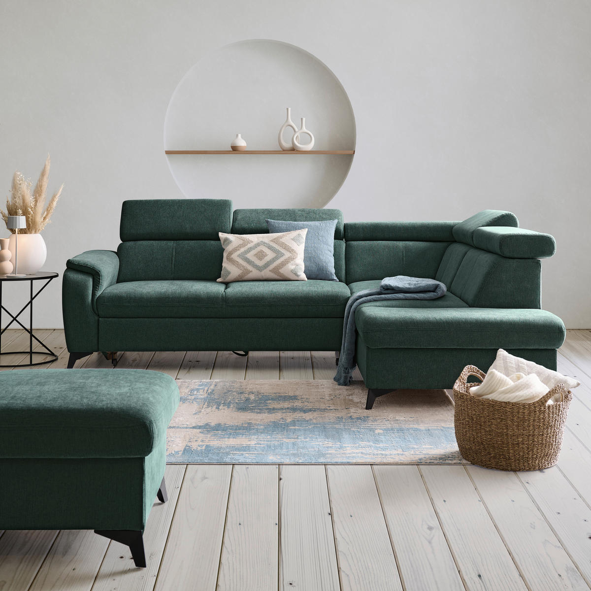 Ecksofa inkl. Funktionen in Chenille Petrol, Dunkelgrün  - Dunkelgrün/Petrol, Design, Textil/Metall (260/203cm) - Stylife