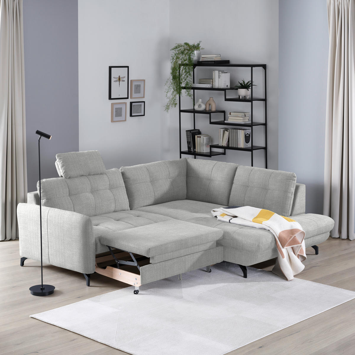ECKSOFA in Flachgewebe, Leinenoptik Silberfarben  247/208 cm  - Silberfarben/Schwarz, MODERN, Textil/Metall (247/208cm) - Xora
