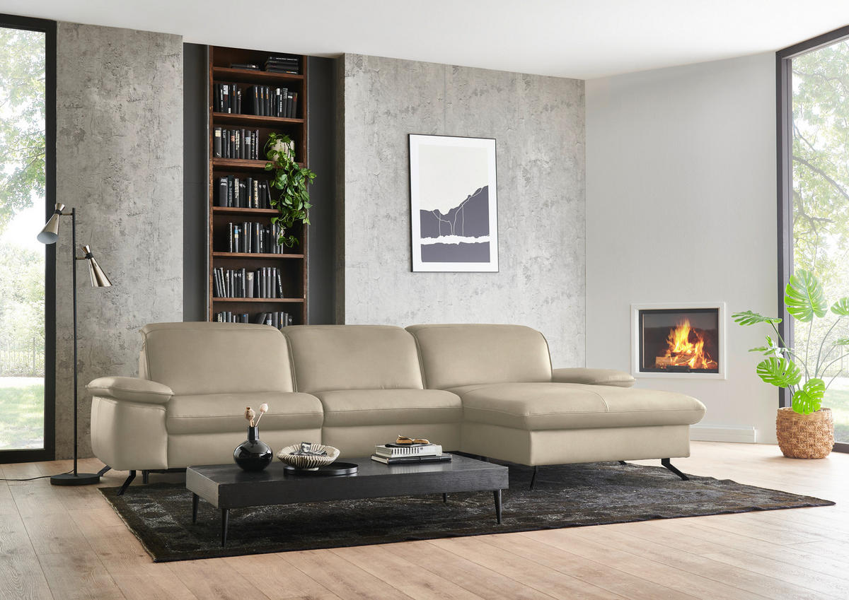 ECKSOFA  Echtleder Sandfarben  - Sandfarben/Schwarz, Design, Leder/Metall (307/169cm) - Beldomo Premium