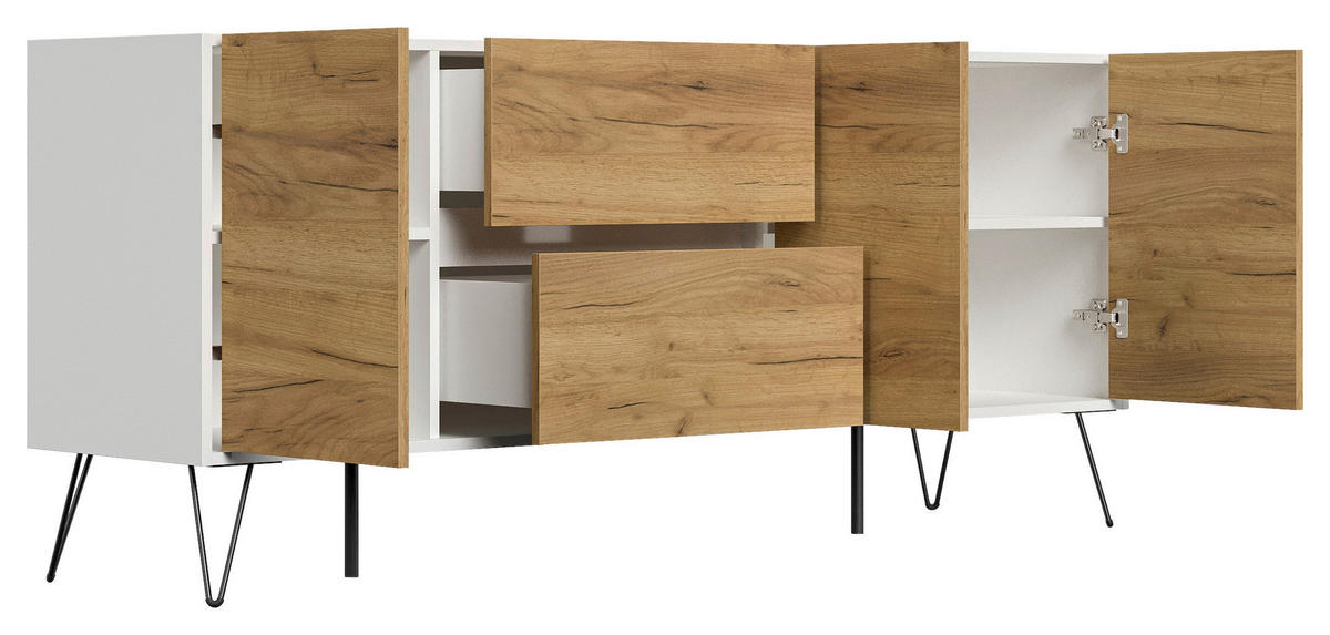 SIDEBOARD Posseik Industrial  in 177/75,8/42 cm  - Eichefarben/Weiß Hochglanz, Design, Holzwerkstoff/Metall (177/75,8/42cm) - P & B