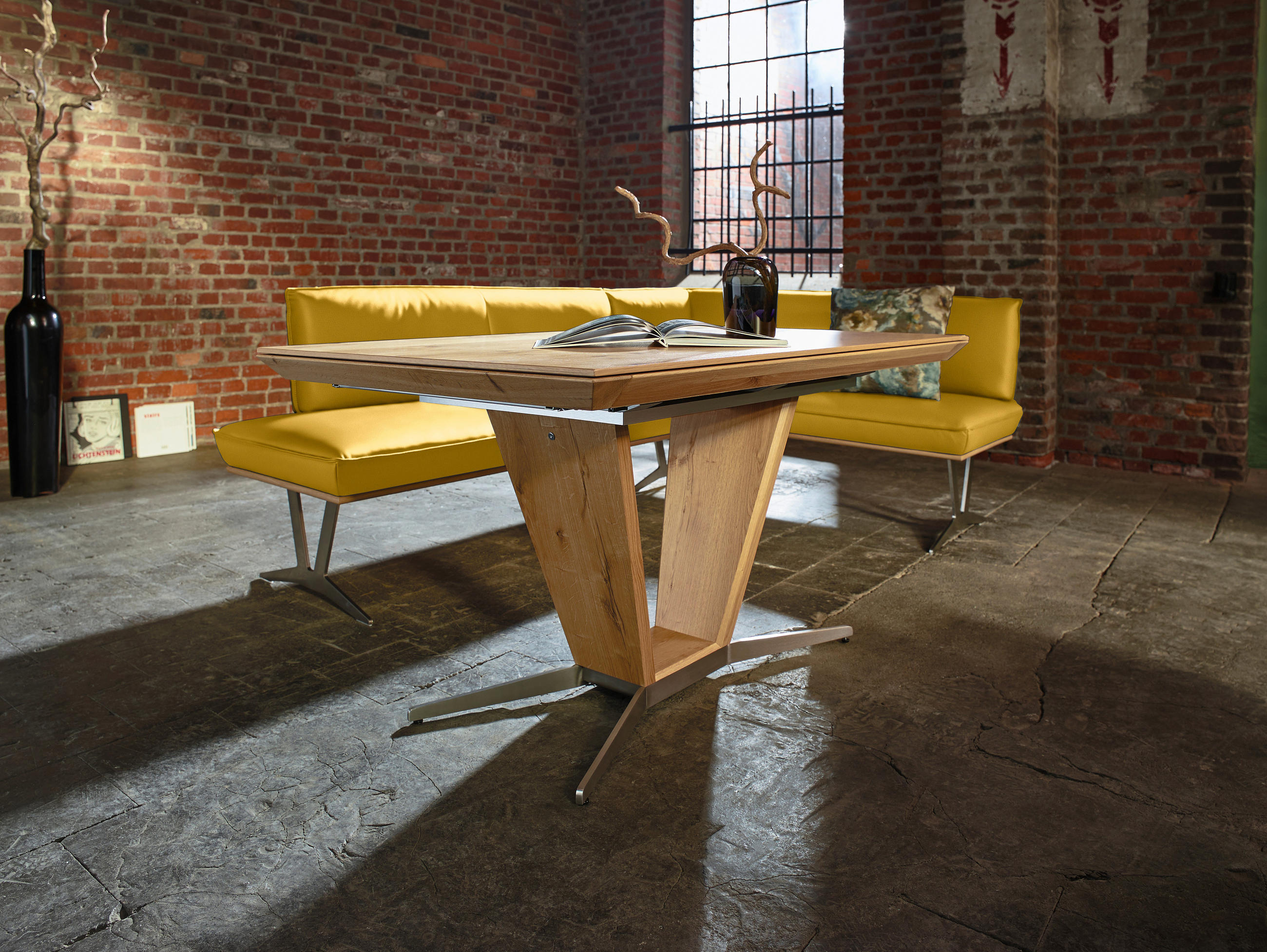 ECKBANK 257/162 cm  in Gelb  - Edelstahlfarben/Gelb, Design, Leder/Holz (257/162cm) - Ambiente