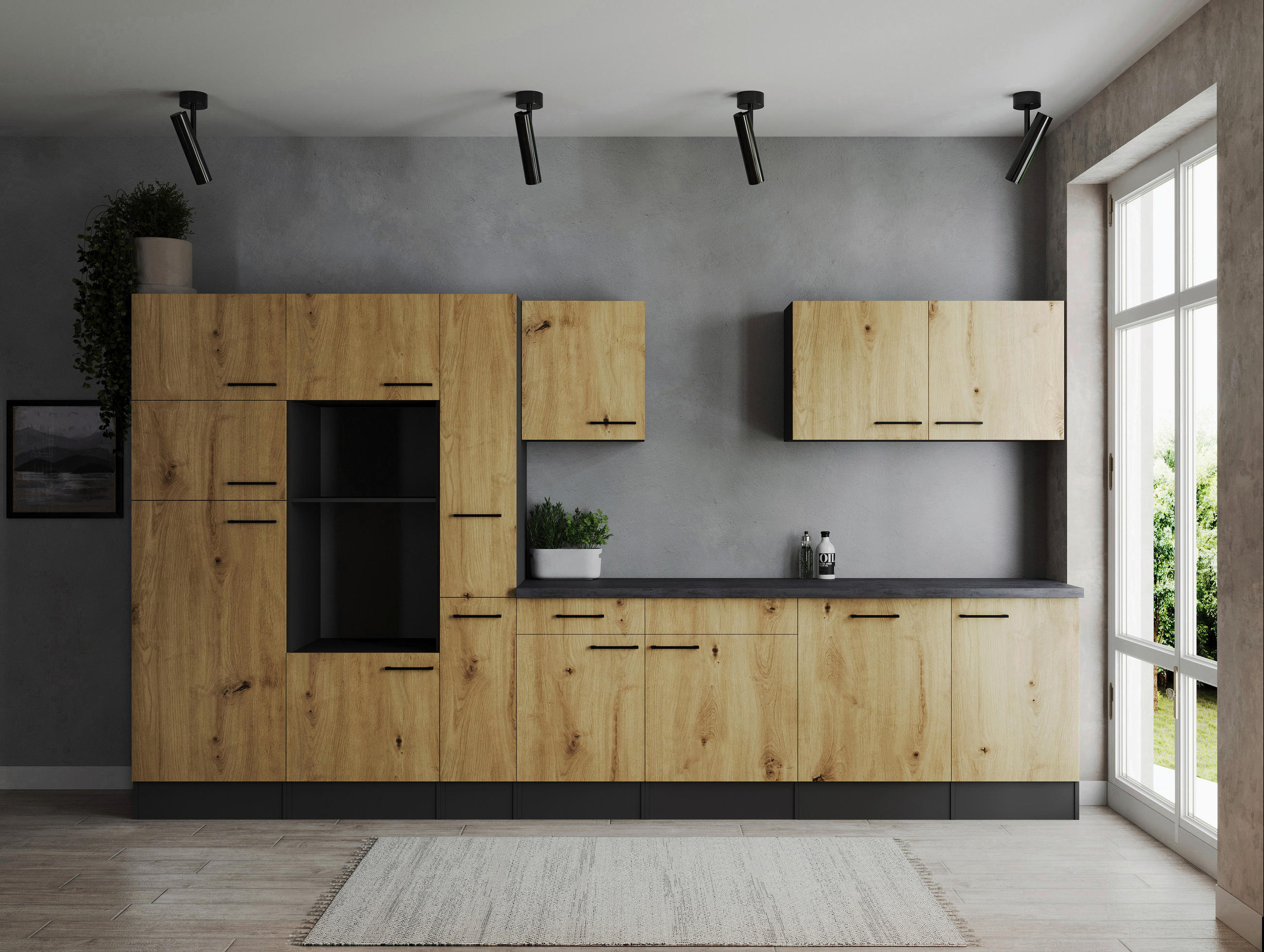 MODULKÖK UTAN VITVAROR 370 cm   i ek Artisan  - svart/grå, Design, metall/trämaterial (370cm) - Respekta