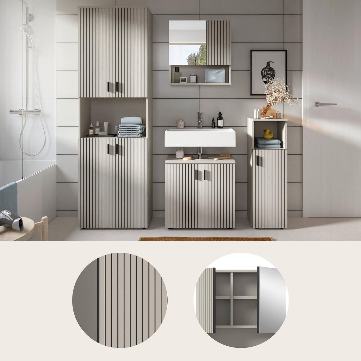 BADEZIMMER 4-teilig  in 150 cm  - Kaschmir/Schwarz, Trend, Glas/Holzwerkstoff (150cm) - MID.YOU