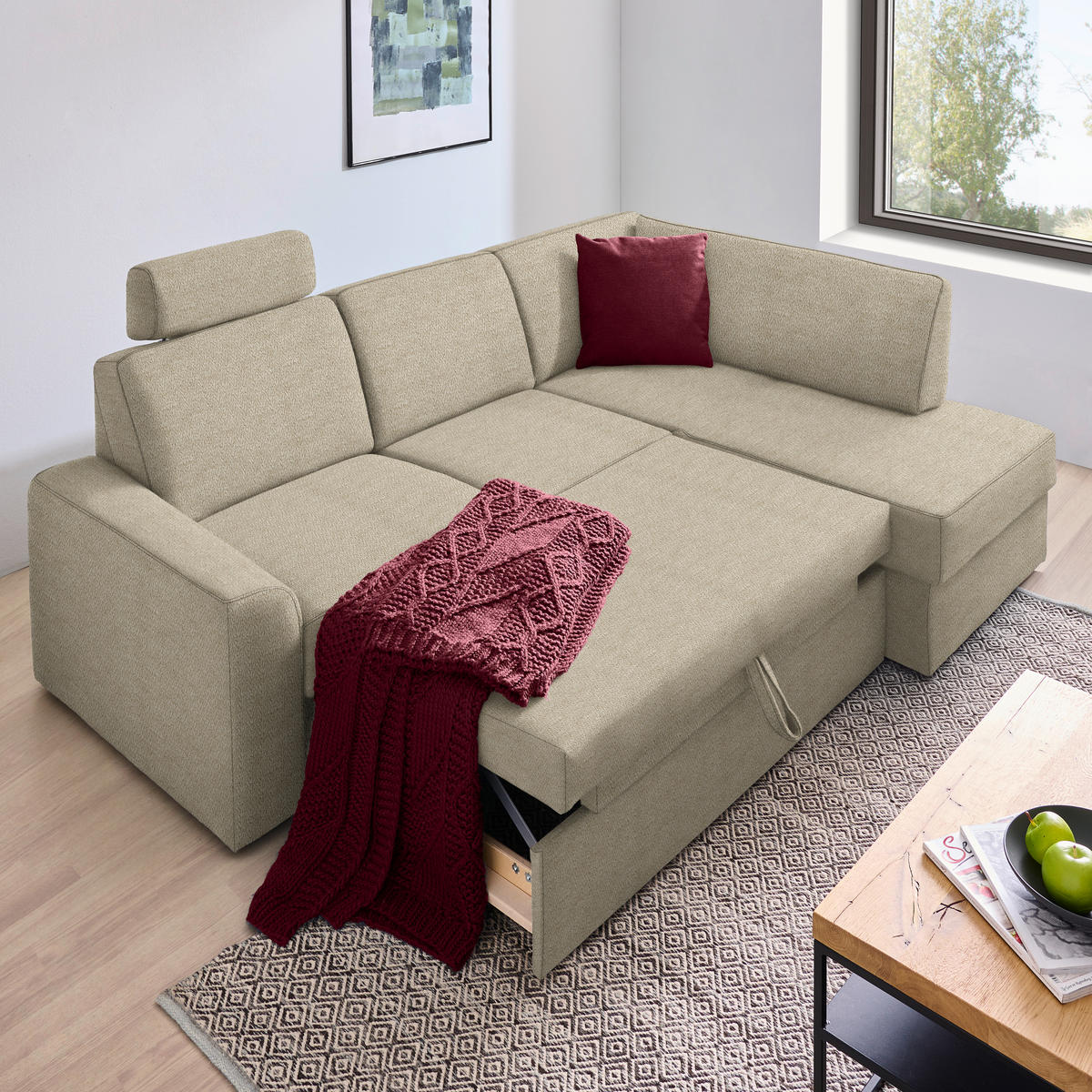 ECKSOFA in Webstoff Beige  - Beige/Schwarz, Konventionell, Kunststoff/Textil (224/165cm) - Xora