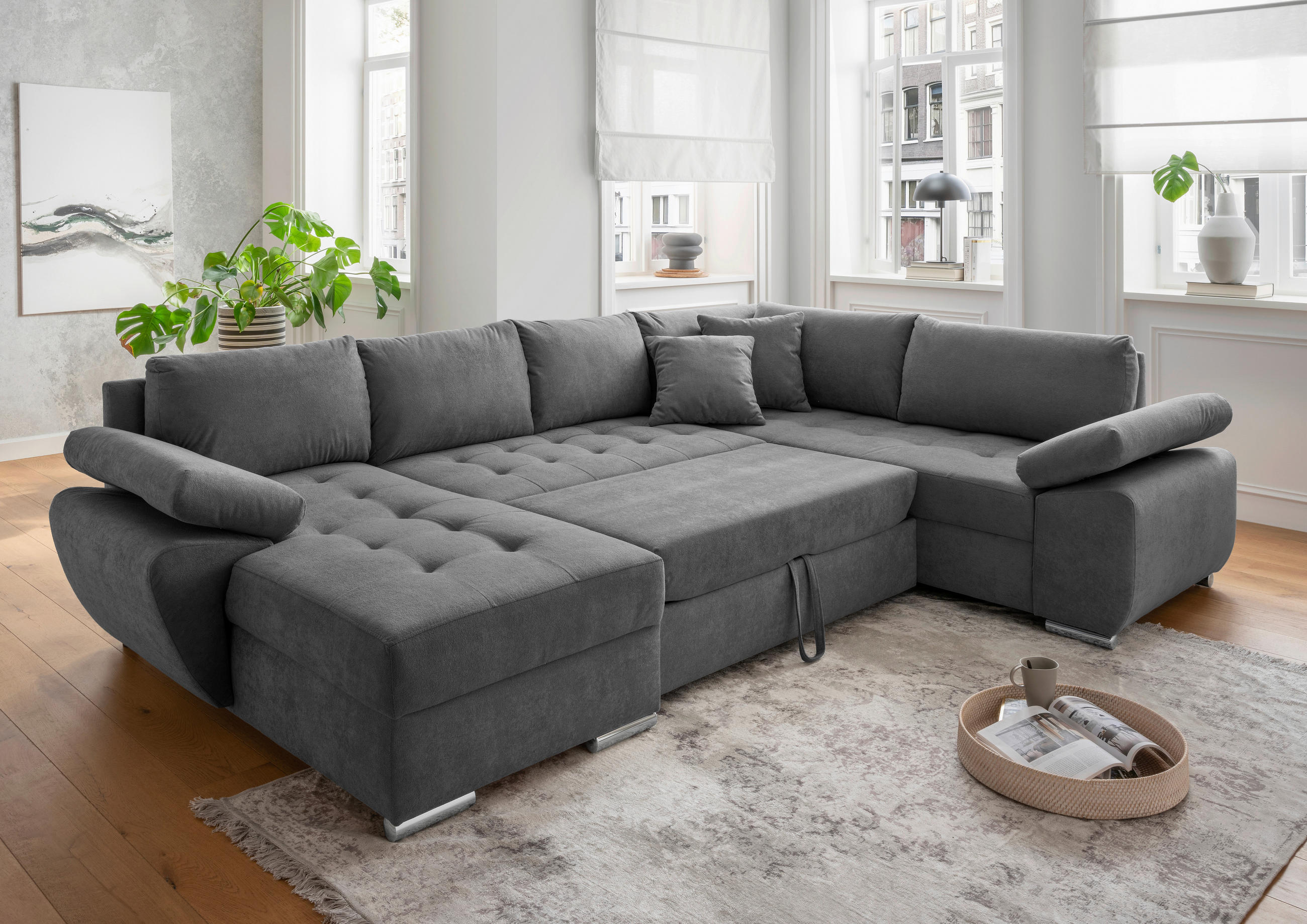 WOHNLANDSCHAFT Anthrazit Mikrofaser  - Chromfarben/Anthrazit, KONVENTIONELL, Textil/Metall (157/305/219cm) - Livetastic