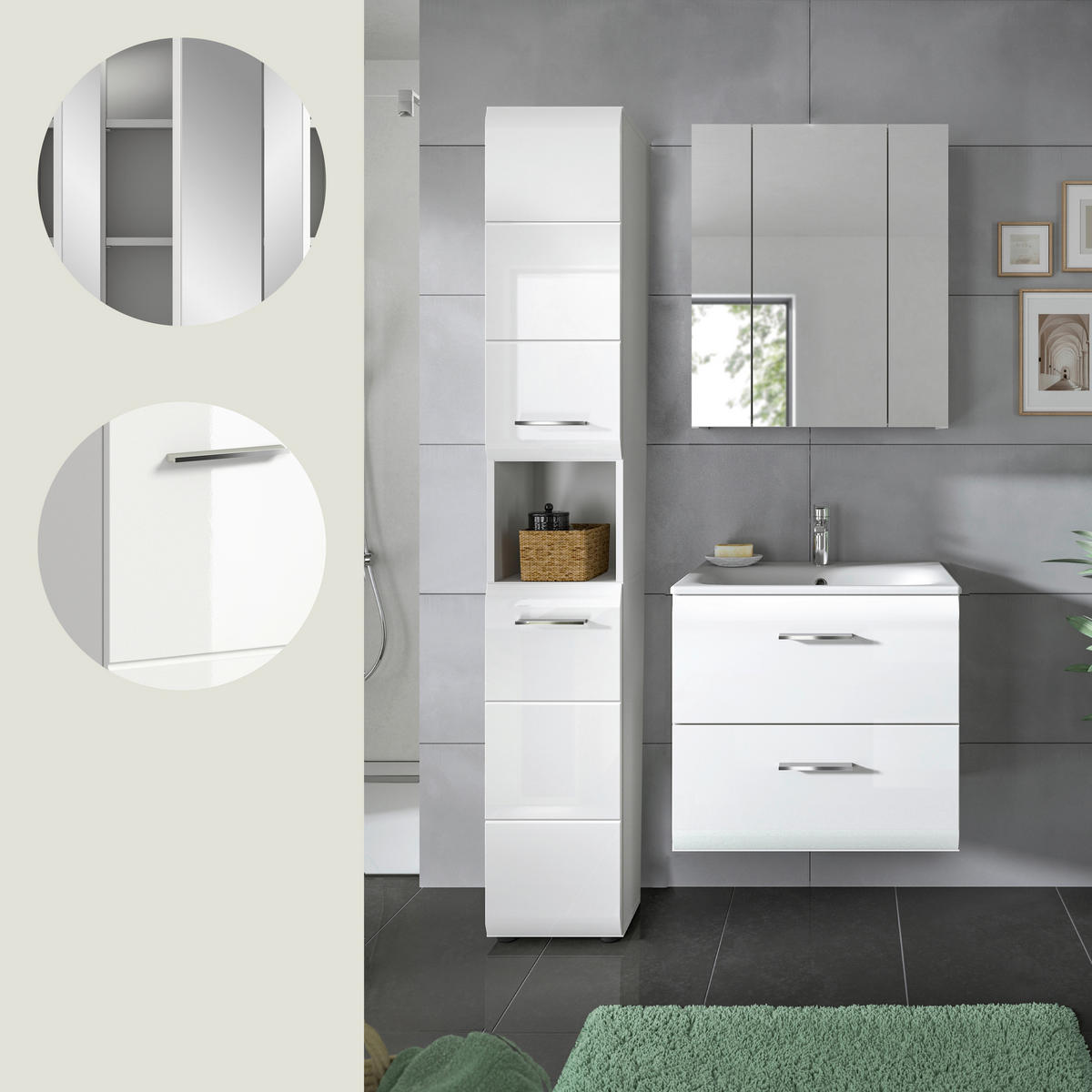 BADEZIMMER 3-teilig  in 90 cm  - Weiß Hochglanz/Silberfarben, MODERN, Keramik/Holzwerkstoff (90cm) - MID.YOU