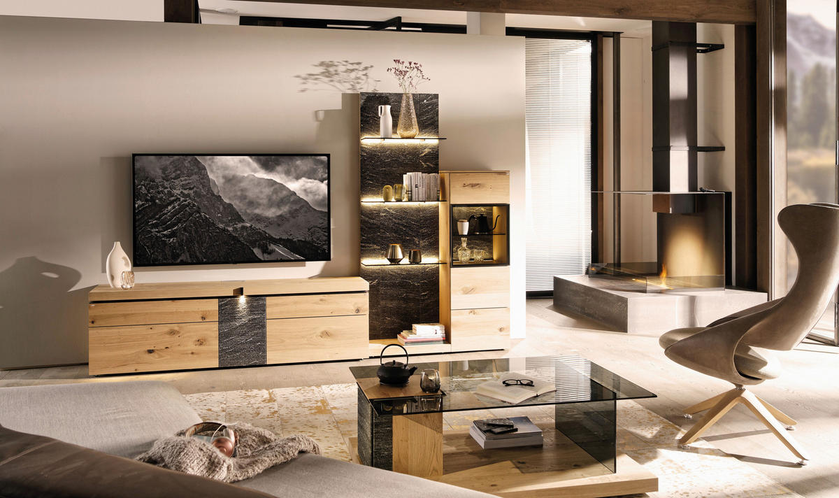 WOHNWAND 3-teilig  in Grau, Alteiche  304/202/43 cm  - Alteiche/Schwarz, Design, Glas/Holz (304/202/43cm) - Voglauer