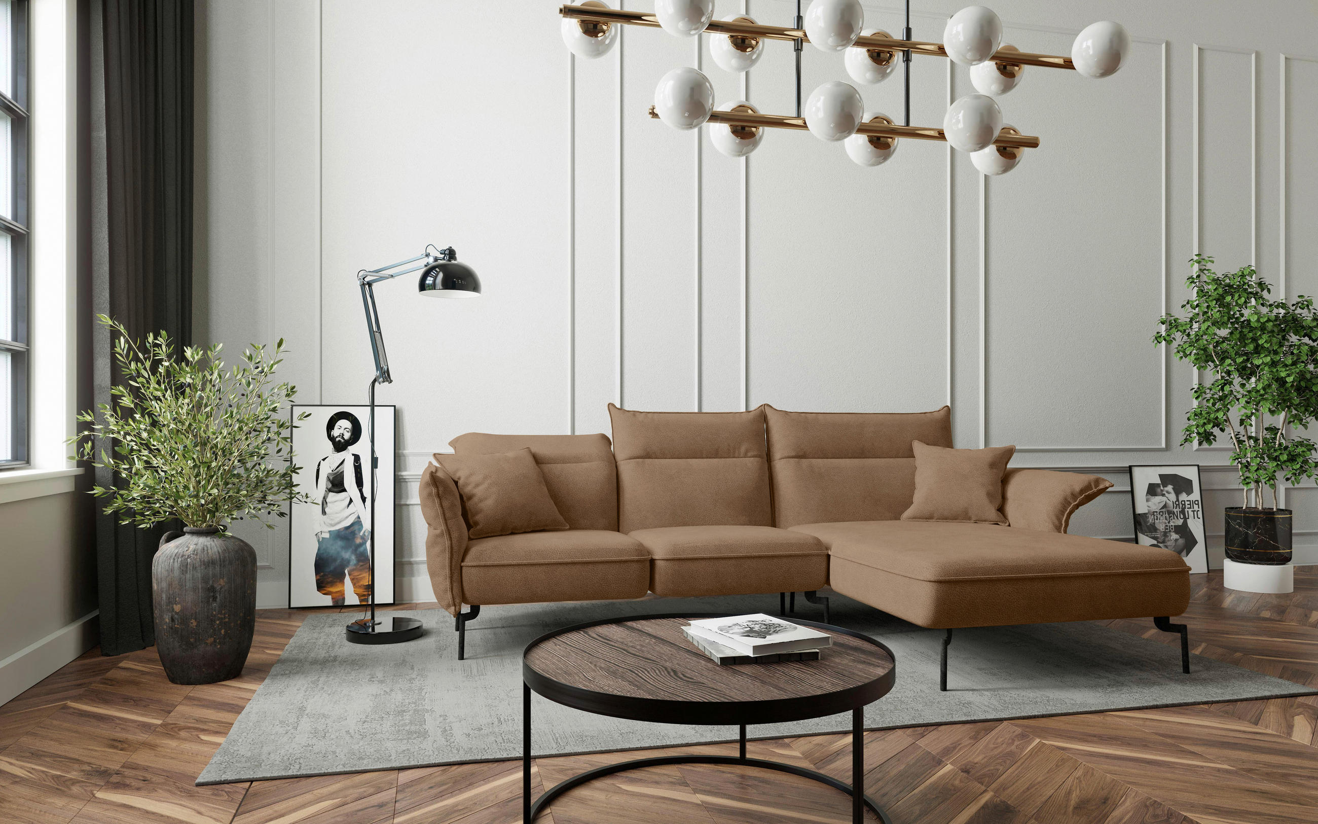 ECKSOFA Jakarta Hellbraun Flachgewebe  - Hellbraun/Edelstahlfarben, Design, Textil/Metall (265/185cm) - Livetastic
