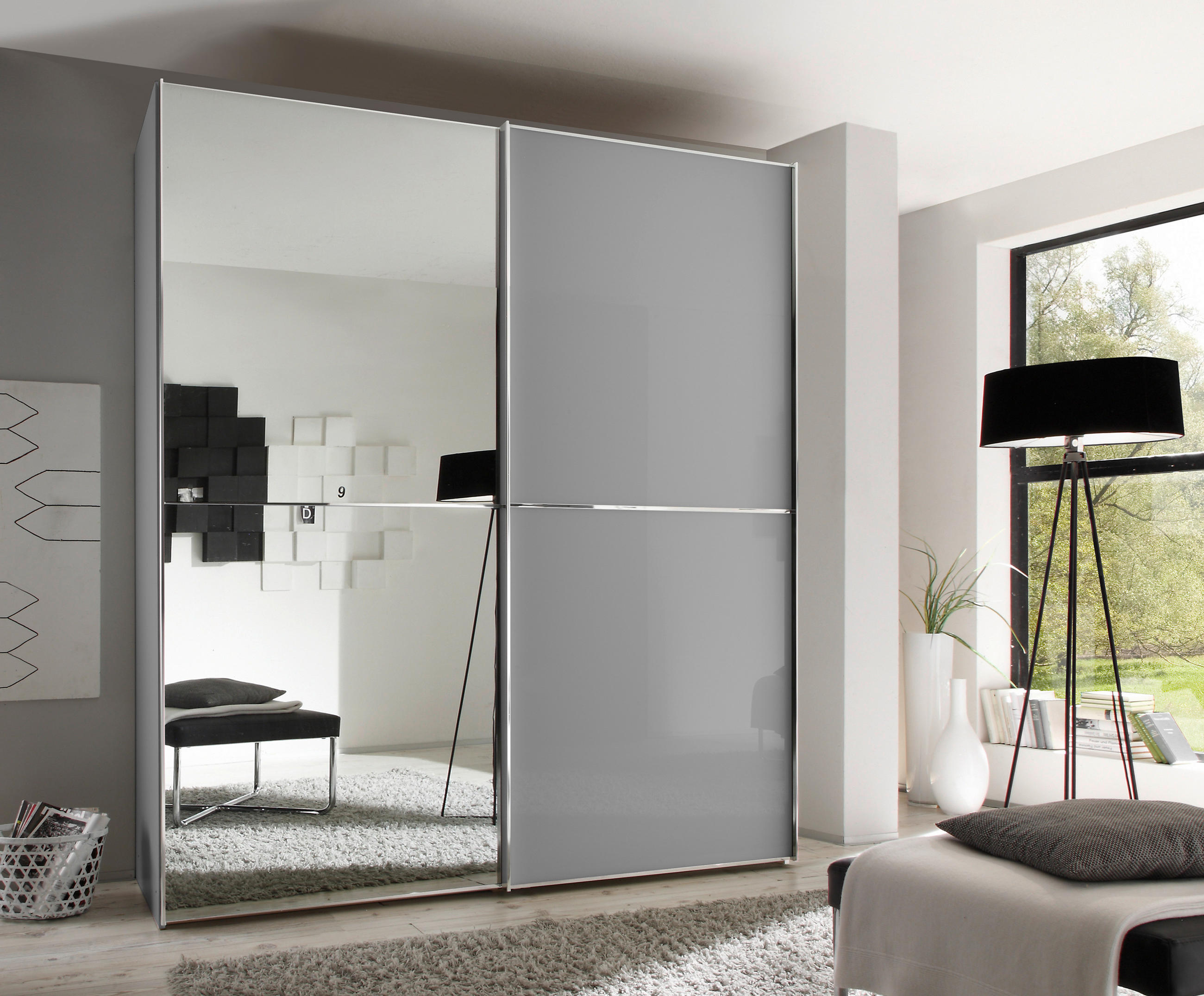 SCHWEBETÜRENSCHRANK  in Hellgrau  - Chromfarben/Hellgrau, Design, Glas/Holzwerkstoff (188/222/68cm) - Moderano