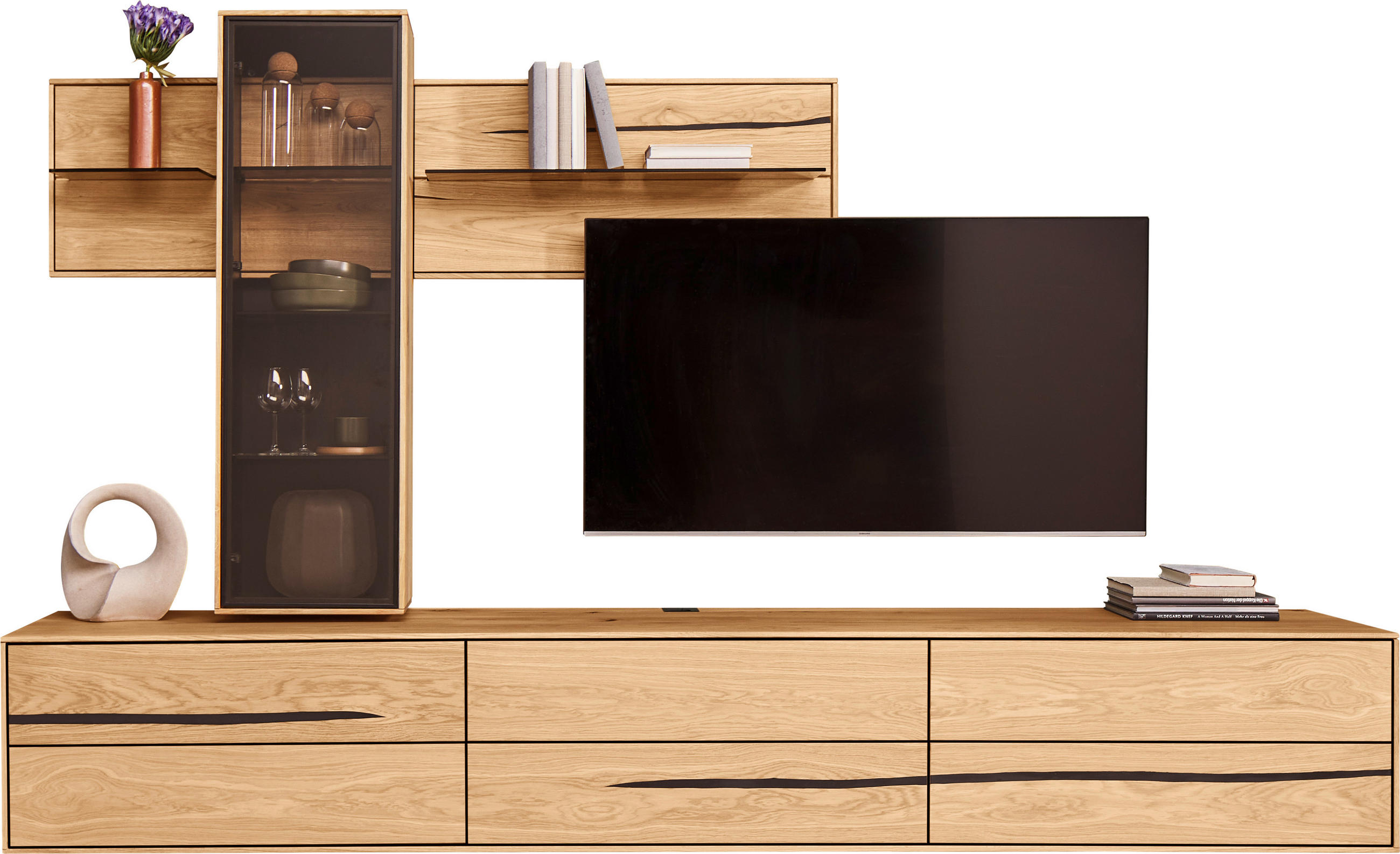 WOHNWAND 2-teilig  in Schwarz, Eichefarben  248/195/50 cm  - Eichefarben/Schwarz, Natur, Glas/Holz (248/195/50cm) - Waldwelt