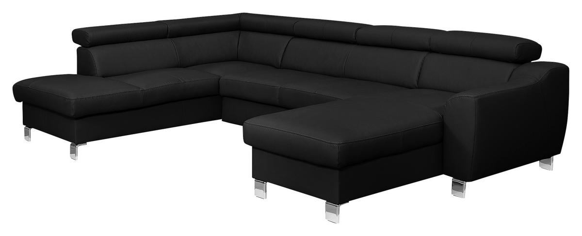 WOHNLANDSCHAFT  in Lederlook Echtleder Schwarz  - Chromfarben/Schwarz, Design, Leder/Textil (208/315/175cm) - Livetastic