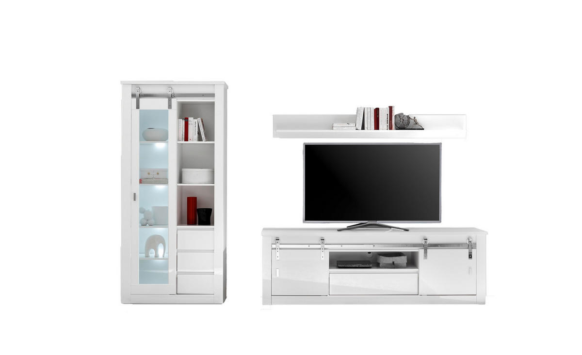 WOHNWAND 3-teilig  in Weiß, Weiß Hochglanz  309/200/43 cm  - Chromfarben/Weiß Hochglanz, Design, Holzwerkstoff/Metall (309/200/43cm) - Livetastic