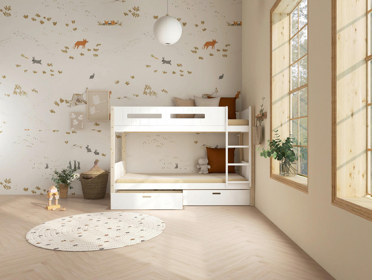 ETAGENBETT 90/200 cm,  in Absturzsicherung, Leiter, Rollroste, Bettschublade  - Naturfarben/Weiß, MODERN, Holz (90/200cm) - Chameo