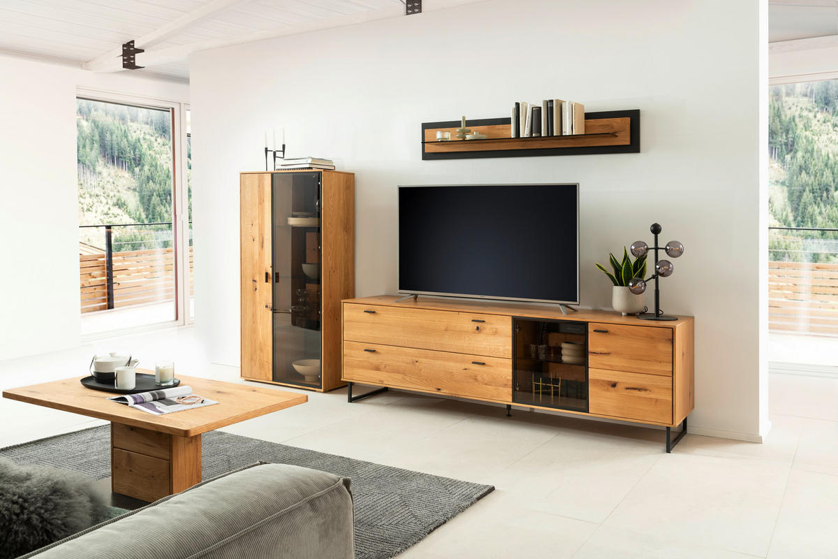 WOHNWAND  in Wildeiche 306/188/50 cm  - Wildeiche/Schwarz, Design, Glas/Holz (306/188/50cm) - MID.YOU
