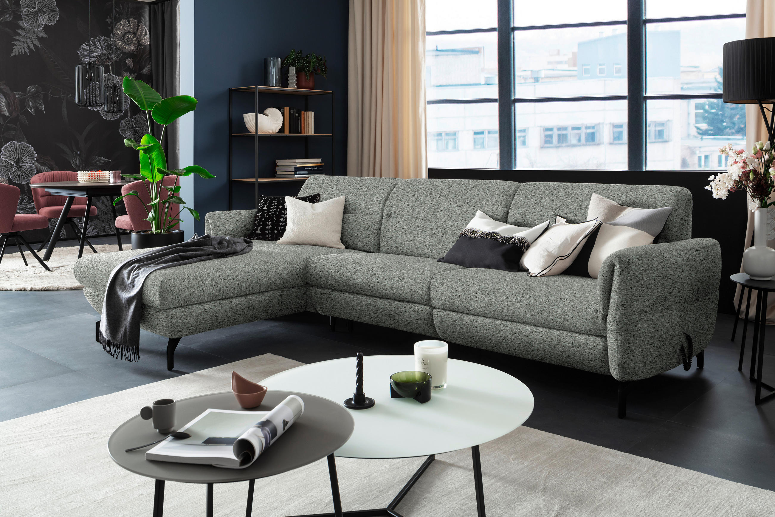 ECKSOFA Graublau Chenille  - Graublau/Schwarz, Design, Textil/Metall (187/299cm) - Schöner Wohnen