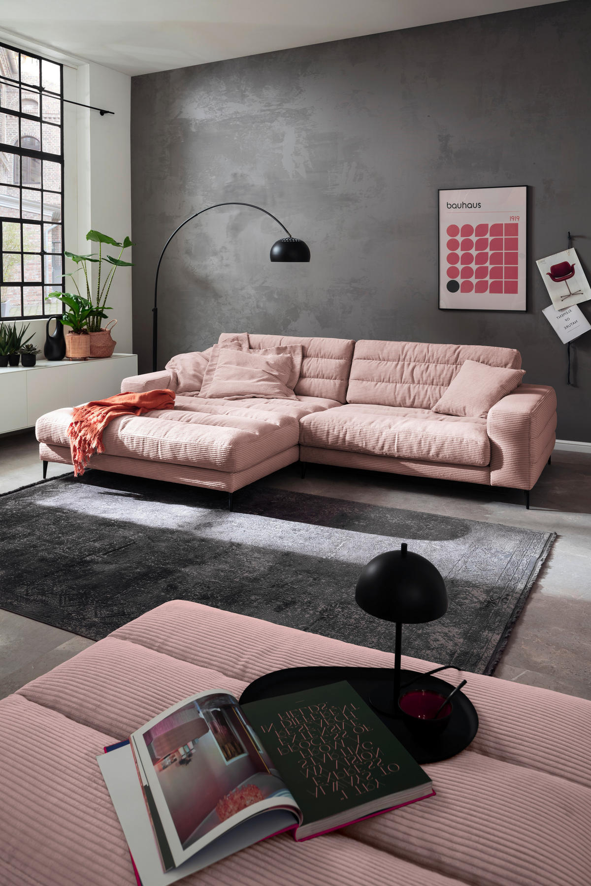 SEDEŽNA GARNITURA, rebrasti žamet roza  - roza/črna, Design, kovina/tekstil (207/296cm) - Pure Home Lifestyle