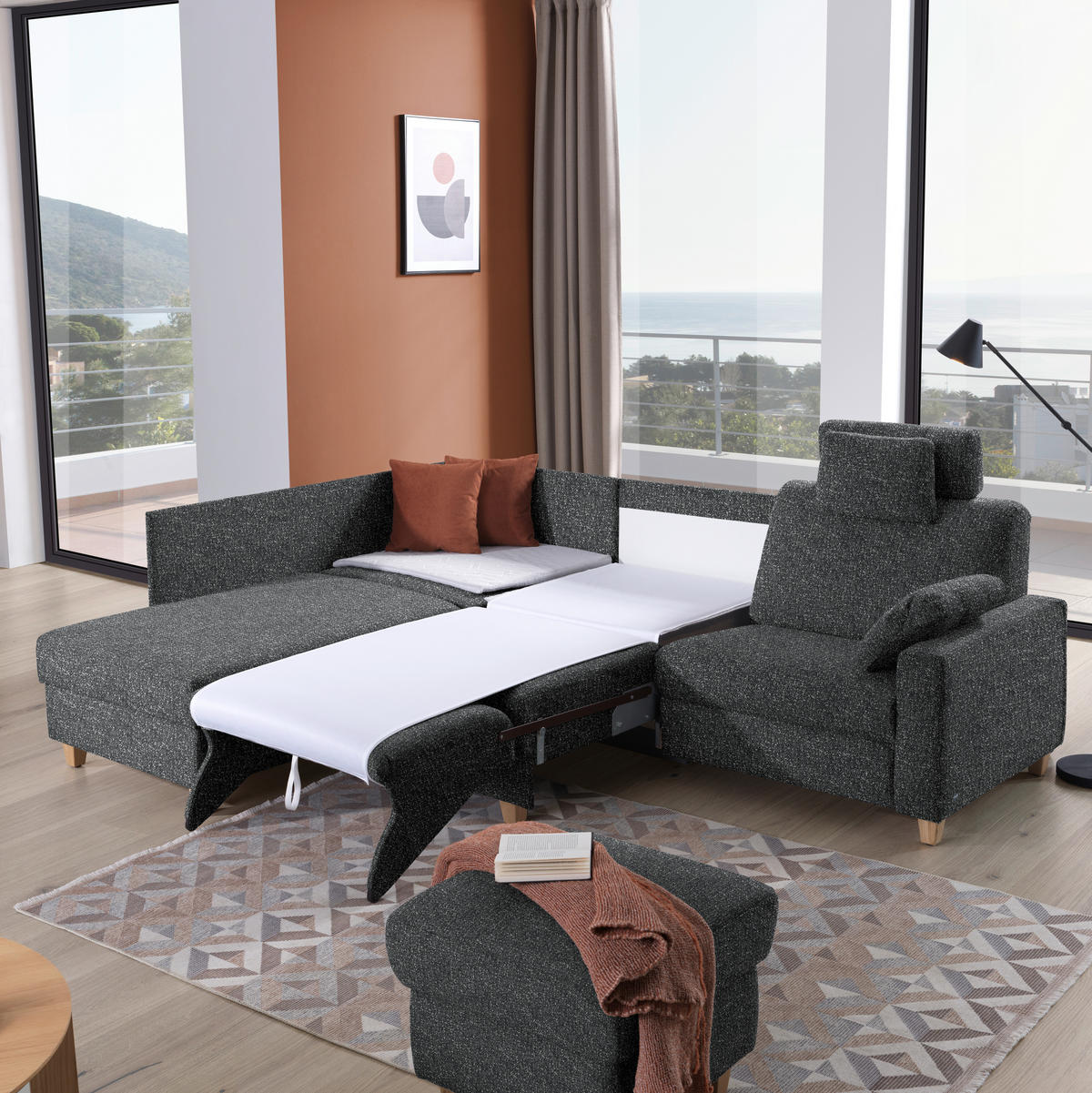 ECKSOFA  in Mikrovelours Anthrazit  203/261 cm  - Eichefarben/Anthrazit, KONVENTIONELL, Holz/Textil (203/261cm) - Sedda