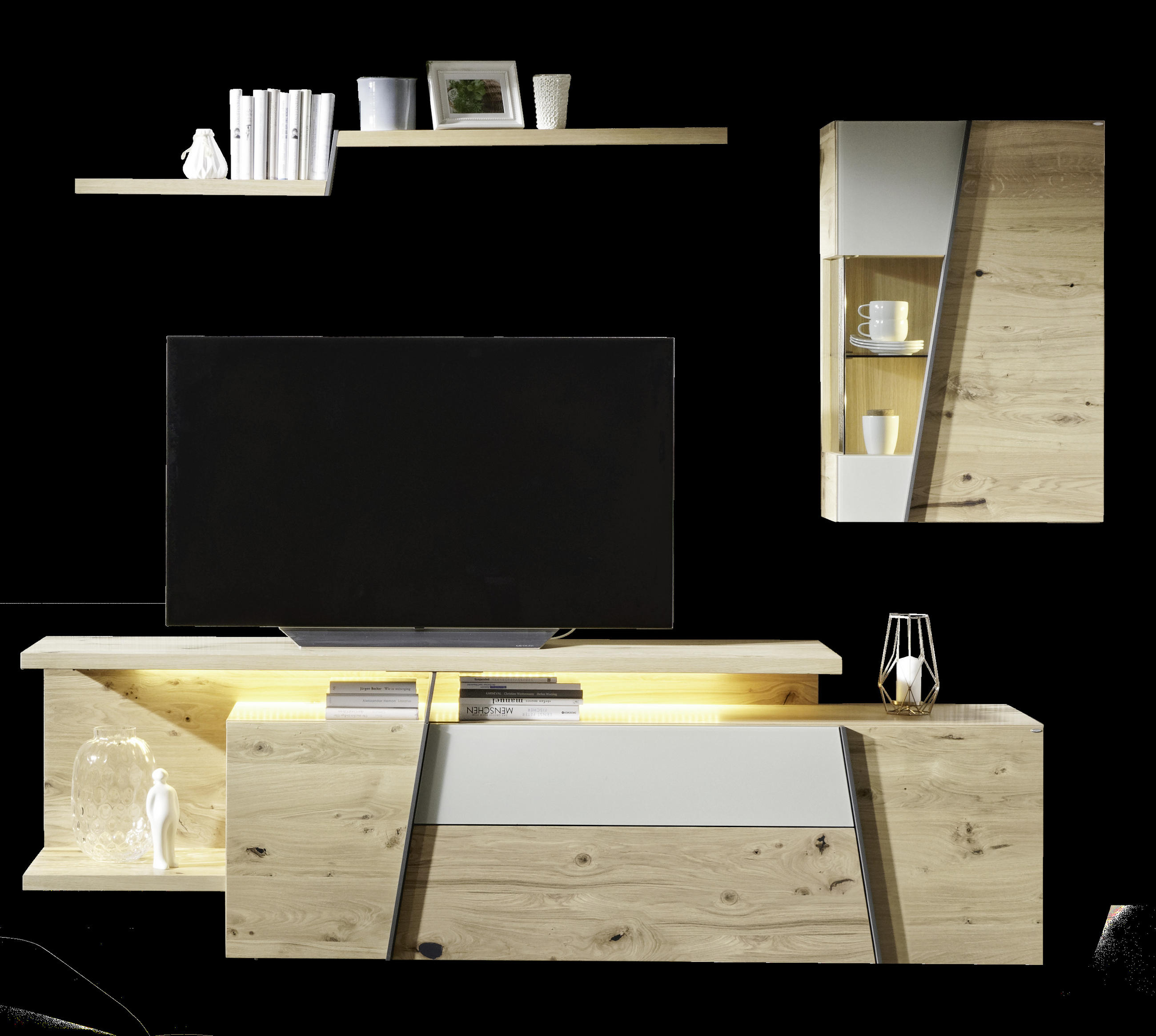 Wohnwand in Eichefarben, Hellgrau