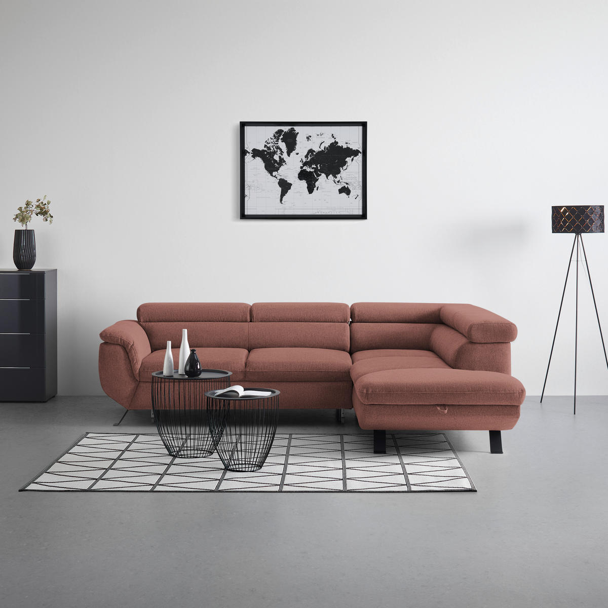 HÖRNSOFFA i vävt tyg korall  - svart/korall, Modern, metall/textil (257/198cm) - MID.YOU