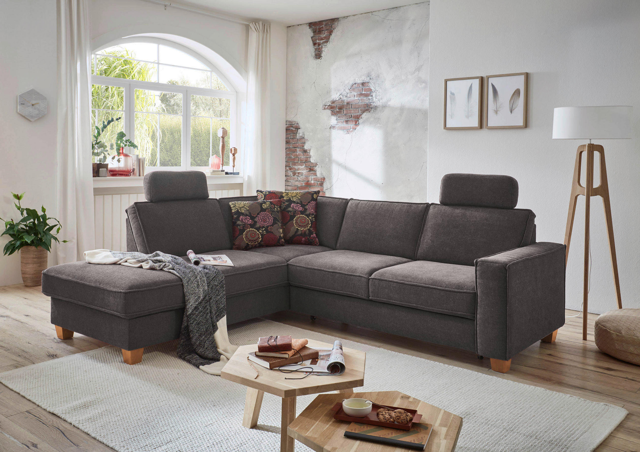 ECKSOFA Dunkelgrau Flachgewebe Kopfstütze  - Eichefarben/Dunkelgrau, KONVENTIONELL, Holz/Textil (213/236cm) - Sit & More