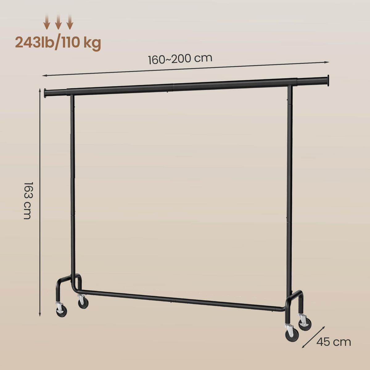 KLEIDERWAGEN in Schwarz 160-200/162,9/45 cm   - Schwarz, Trend, Kunststoff/Metall (160-200/162,9/45cm) - Boxxx