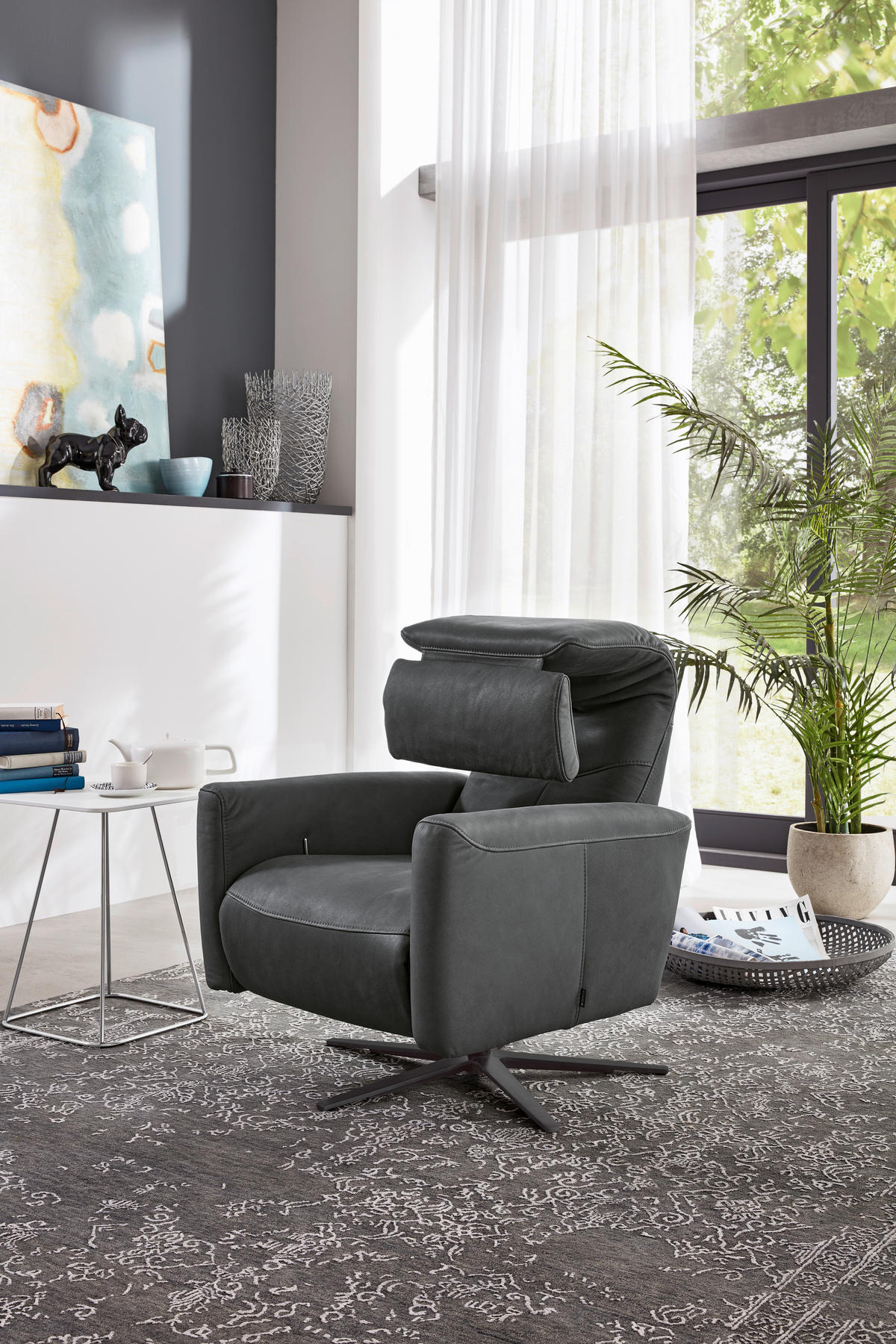 RELAXSESSEL Echtleder Relaxfunktion, Kopfteilverstellung, Rücken echt    - Schwarz/Graphitfarben, Design, Leder/Metall (74/88-117/82-183cm) - Musterring