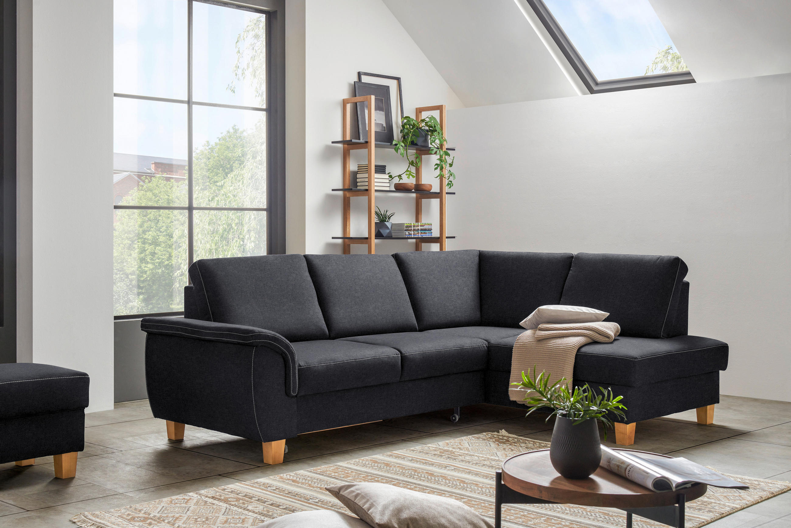 ECKSOFA Anthrazit Flachgewebe  - Eichefarben/Anthrazit, Design, Holz/Textil (253/185cm) - Cantus