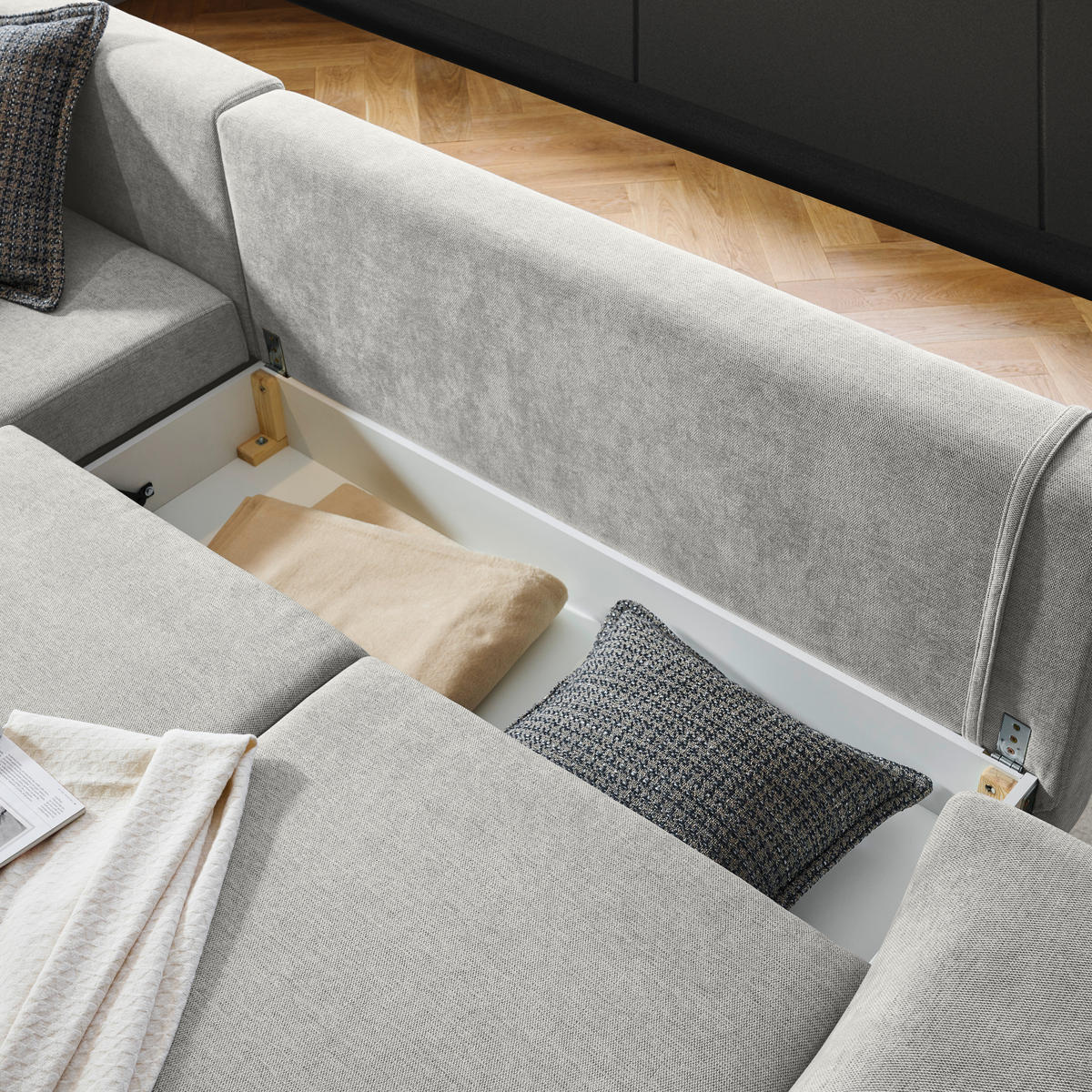 ECKSOFA inkl. Funktionen Creme Webstoff Rückenkissen, Bettkasten, Schlaffunktion, Rücken echt  - Wengefarben/Creme, Design, Holz/Textil (211/314cm) - Stylife