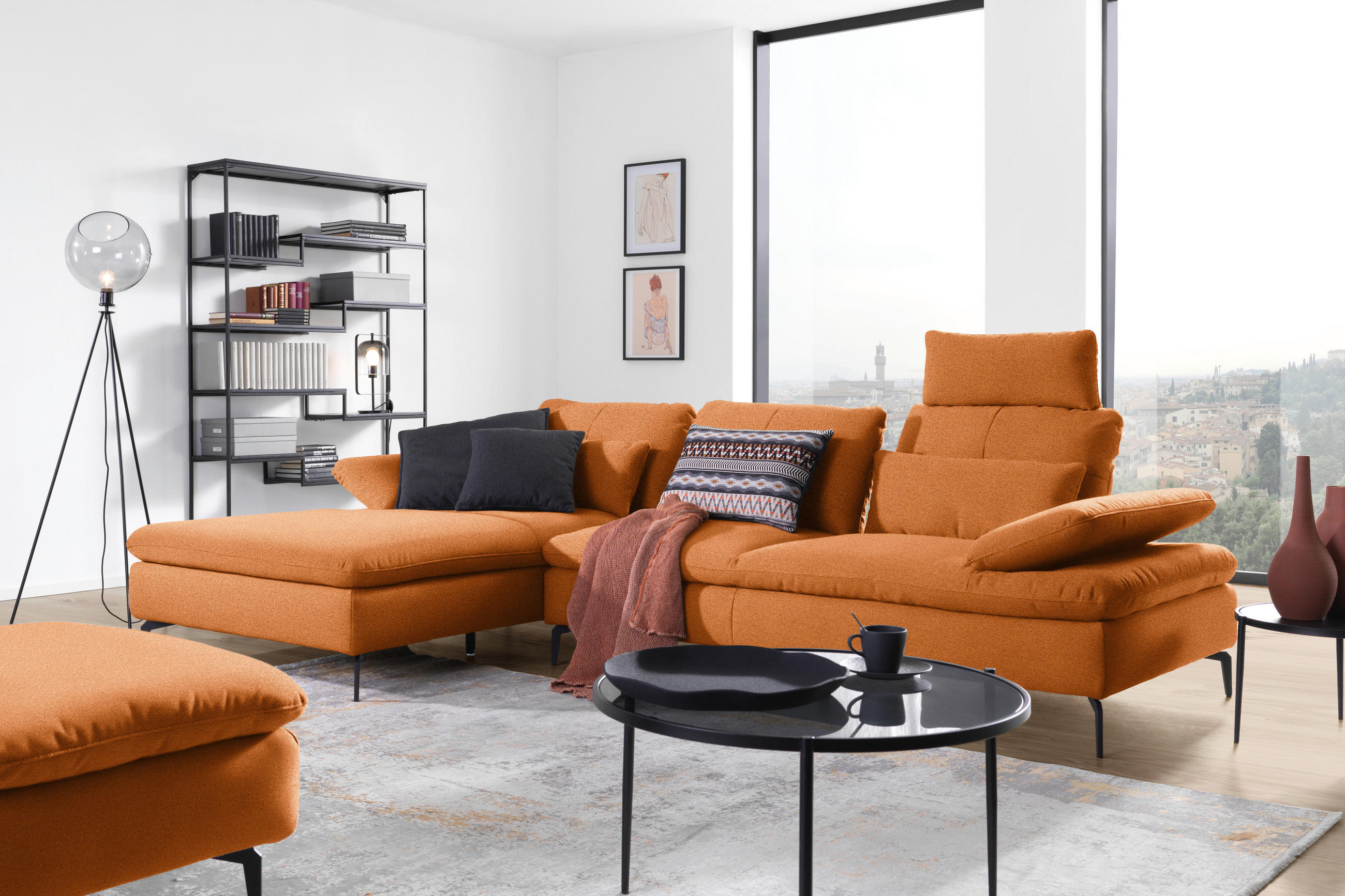 ECKSOFA in Webstoff Orange  - Schwarz/Orange, Design, Textil/Metall (179/301cm) - Chilliano