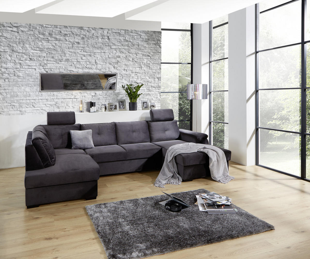 WOHNLANDSCHAFT in Velours Dunkelgrau  - Weiss/Dunkelgrau, Konventionell, Kunststoff/Textil (184/325/168cm) - Livetastic