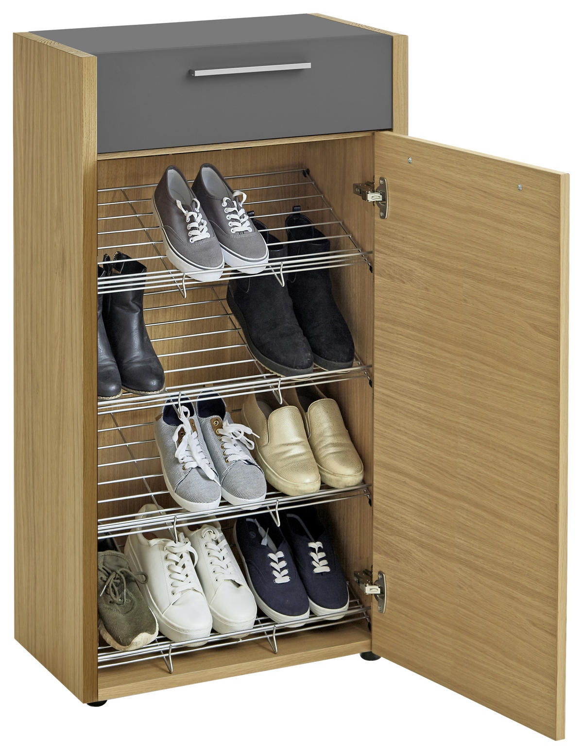SCHUHSCHRANK Eiche, Balkeneiche furniert Grau, Eichefarben  - Eichefarben/Silberfarben, Design, Holz/Kunststoff (61/103/37cm)