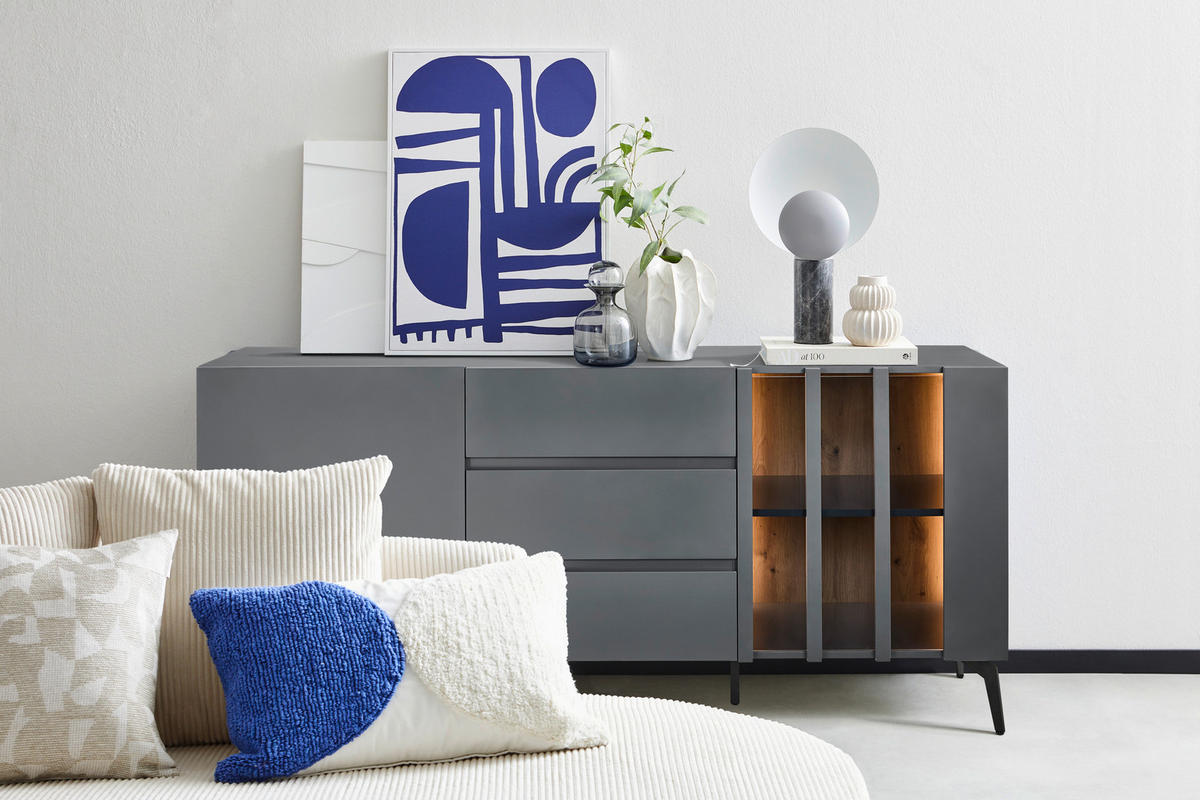 SIDEBOARD  in 166/76,3/41,5 cm  - Schwarz/Grau, Design, Glas/Holzwerkstoff (166/76,3/41,5cm) - Novel