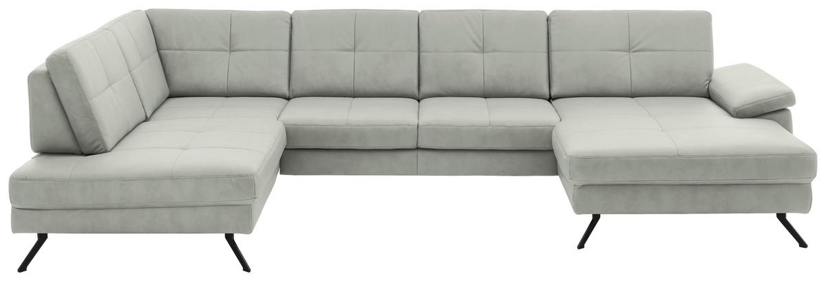 WOHNLANDSCHAFT Lederlook, Mikrofaser Hellgrau  - Hellgrau/Schwarz, Design, Textil/Metall (220/345/179cm) - Beldomo System