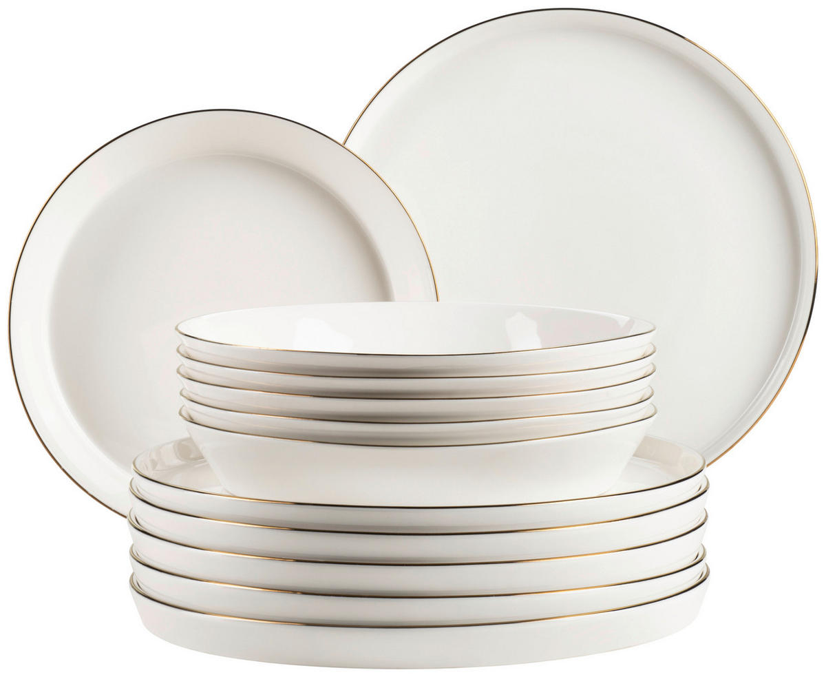 TAFELSERVICE Sita 12-teilig  - Weiss/Goldfarben, Trend, Keramik - Mäser